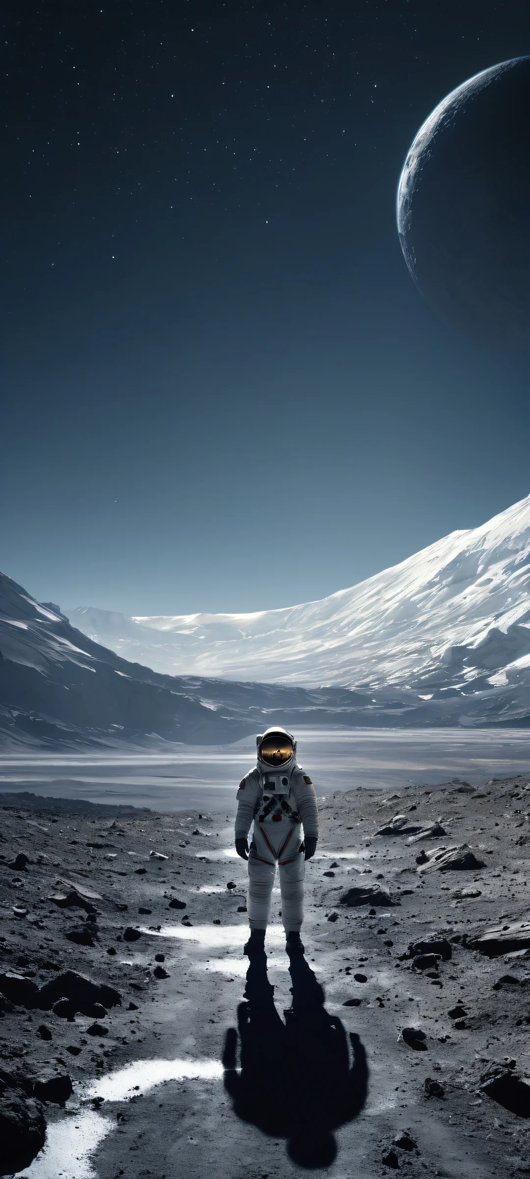 A lone astronaut explores a desolate lunar landscape on your iPhone or Android device.