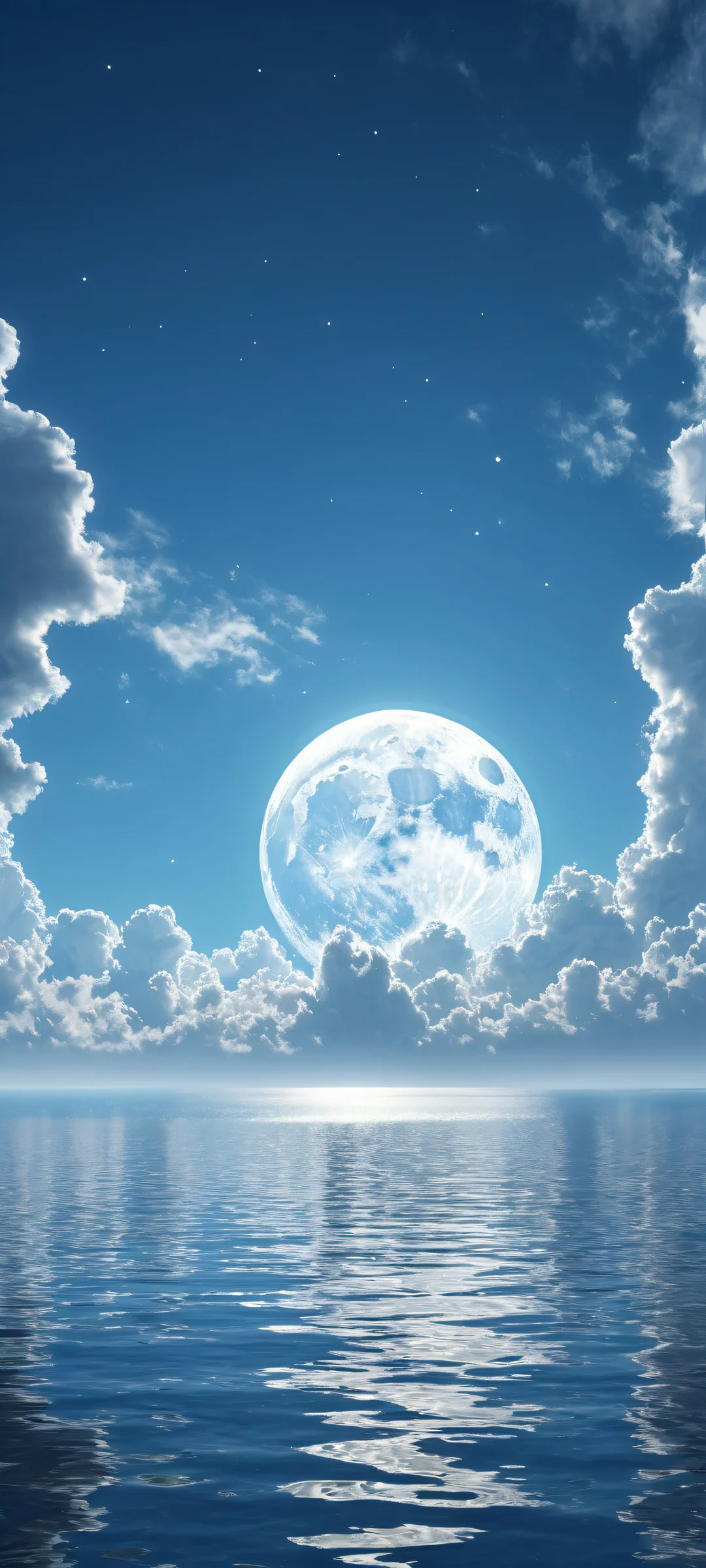 iPhone and Android mobile wallpaper featuring a breathtaking vertical portrait artwork of Moon's Silhouette with micro-details, clouds, water, and a majestic planet in the distance.