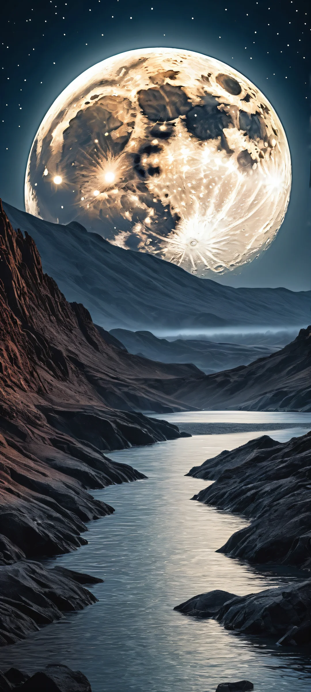 A majestic full moon with intricate details of a lunar crater, perfectly optimized for iPhone/Android home screens