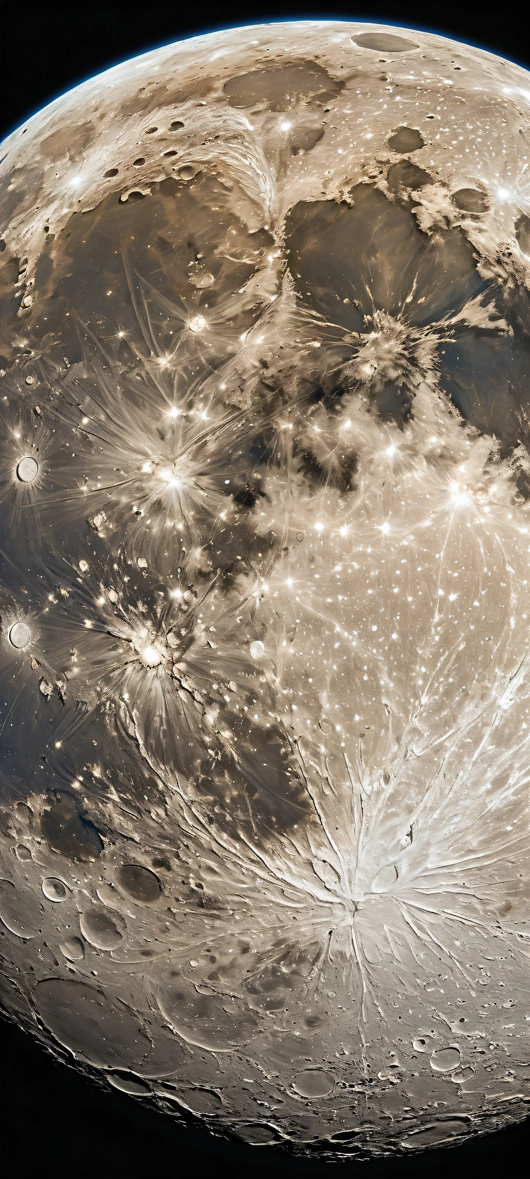 A majestic full Moon placed in the lower-middle with intricate micro-details of craters and lunar regolith, perfectly clean and empty top half with vast pure void, suitable for iPhone/Android home screens.