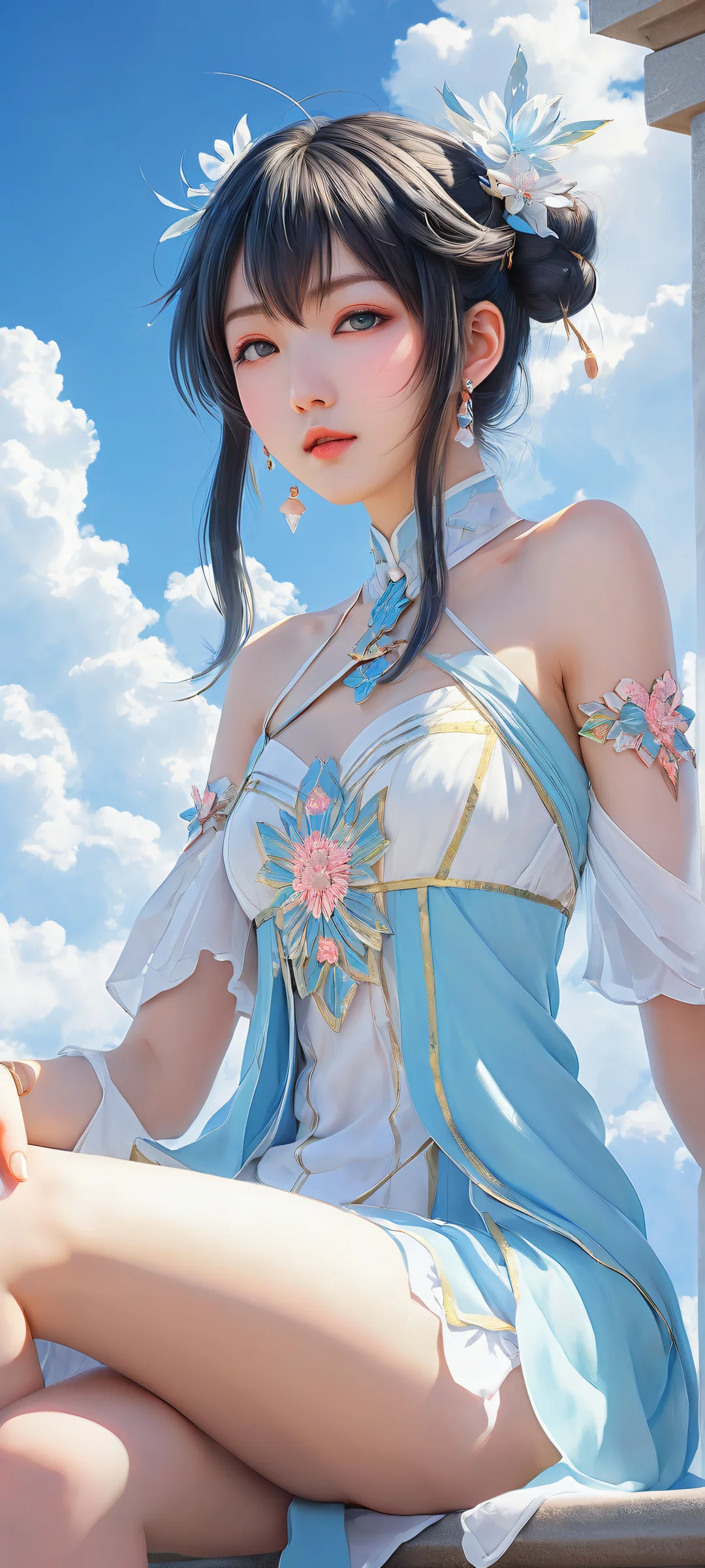 Vocaloid Luo Tianyi sitting calmly against a starry night sky, perfectly optimized for iPhone and Android home screens.