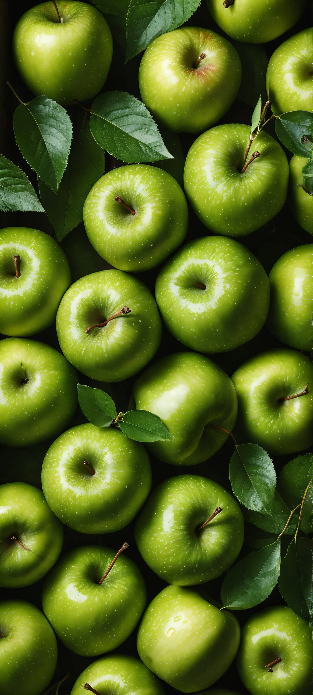 A stunning iPhone/Android wallpaper featuring a vertical portrait of lush green apples on a clean background, showcasing intricate textures and micro-details.