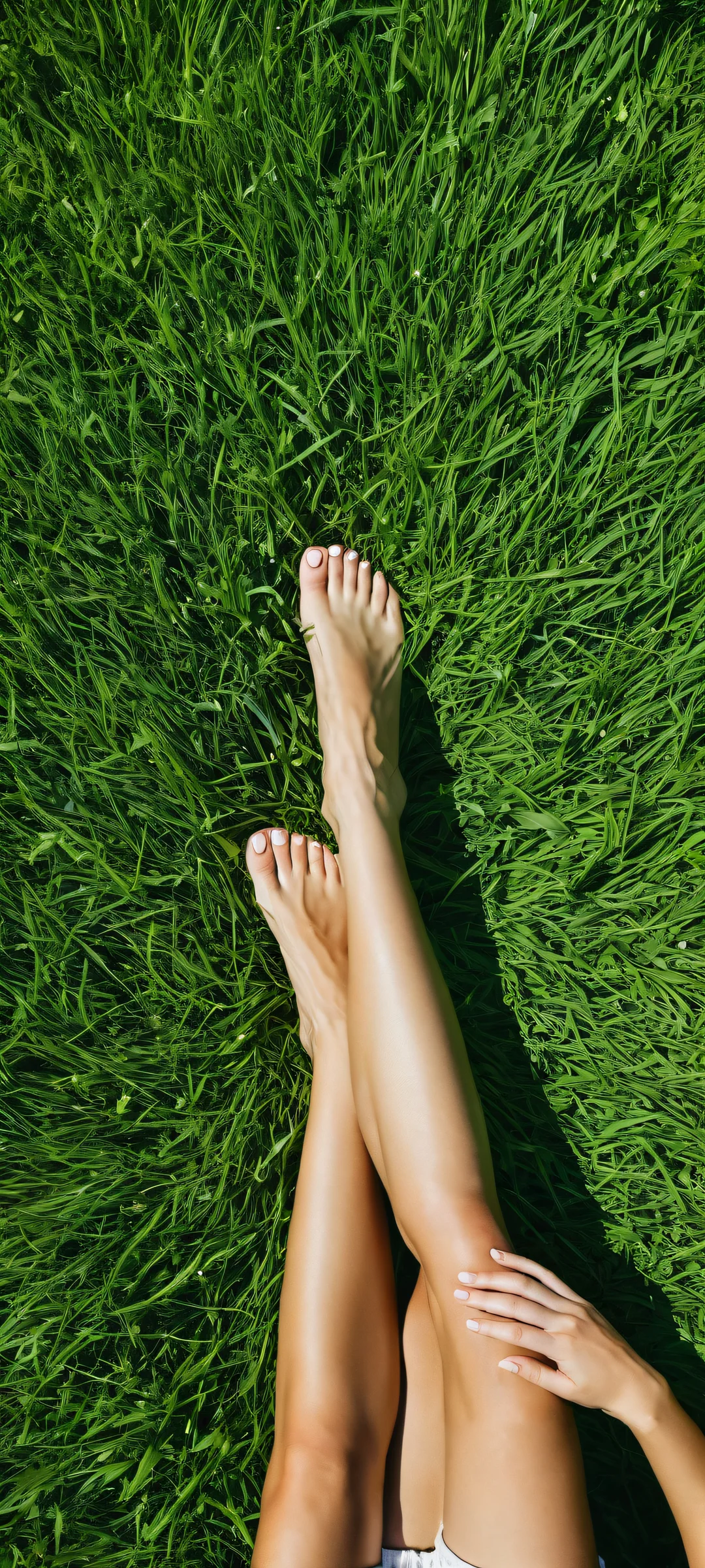 A serene landscape of a woman lying down amidst lush green grass with intricate details. iPhone や Android のホーム画面に最適.