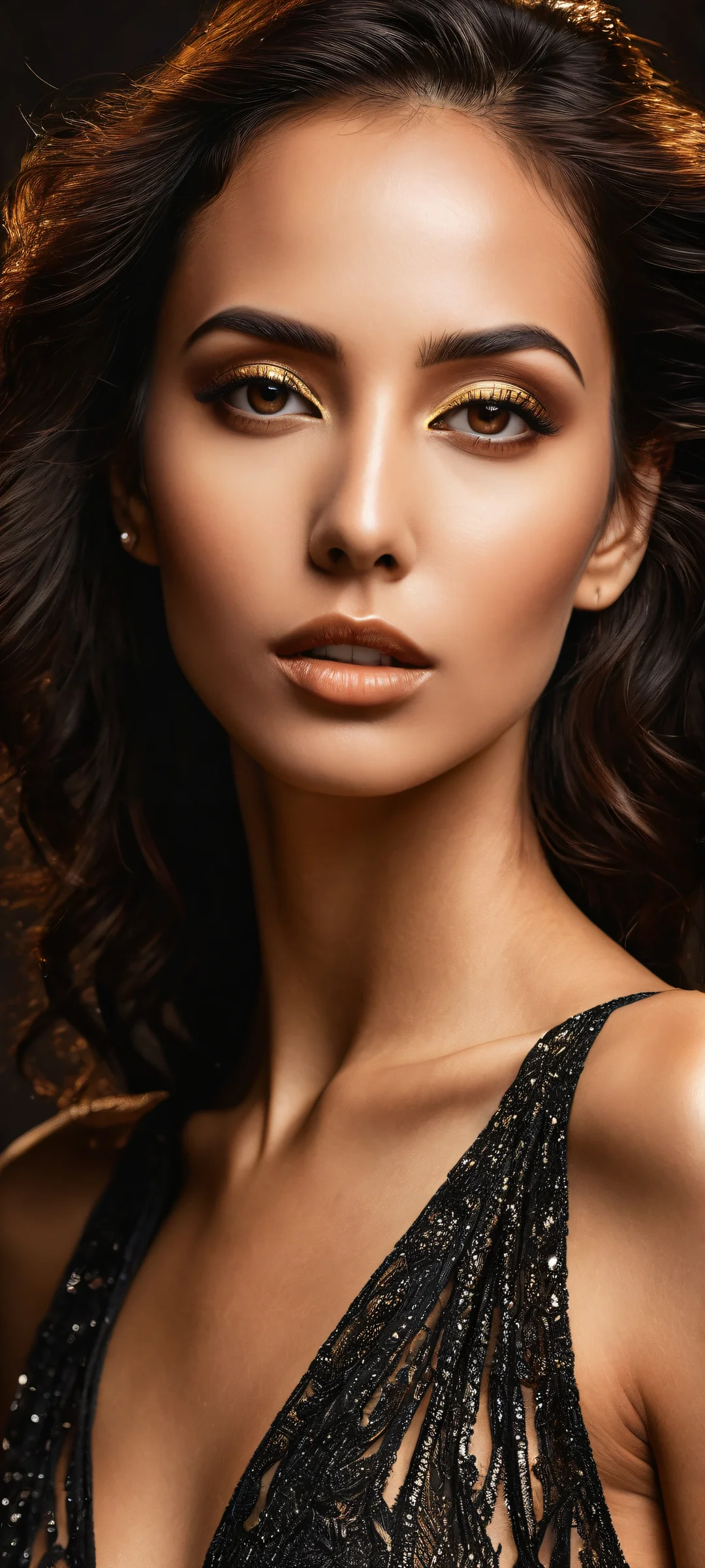 A stunning woman with a sensual look placed in the lower-middle of this breathtaking vertical portrait artwork. Parfaitement optimisé pour iPhone, SamsungGalaxy, et écrans d'accueil Android.