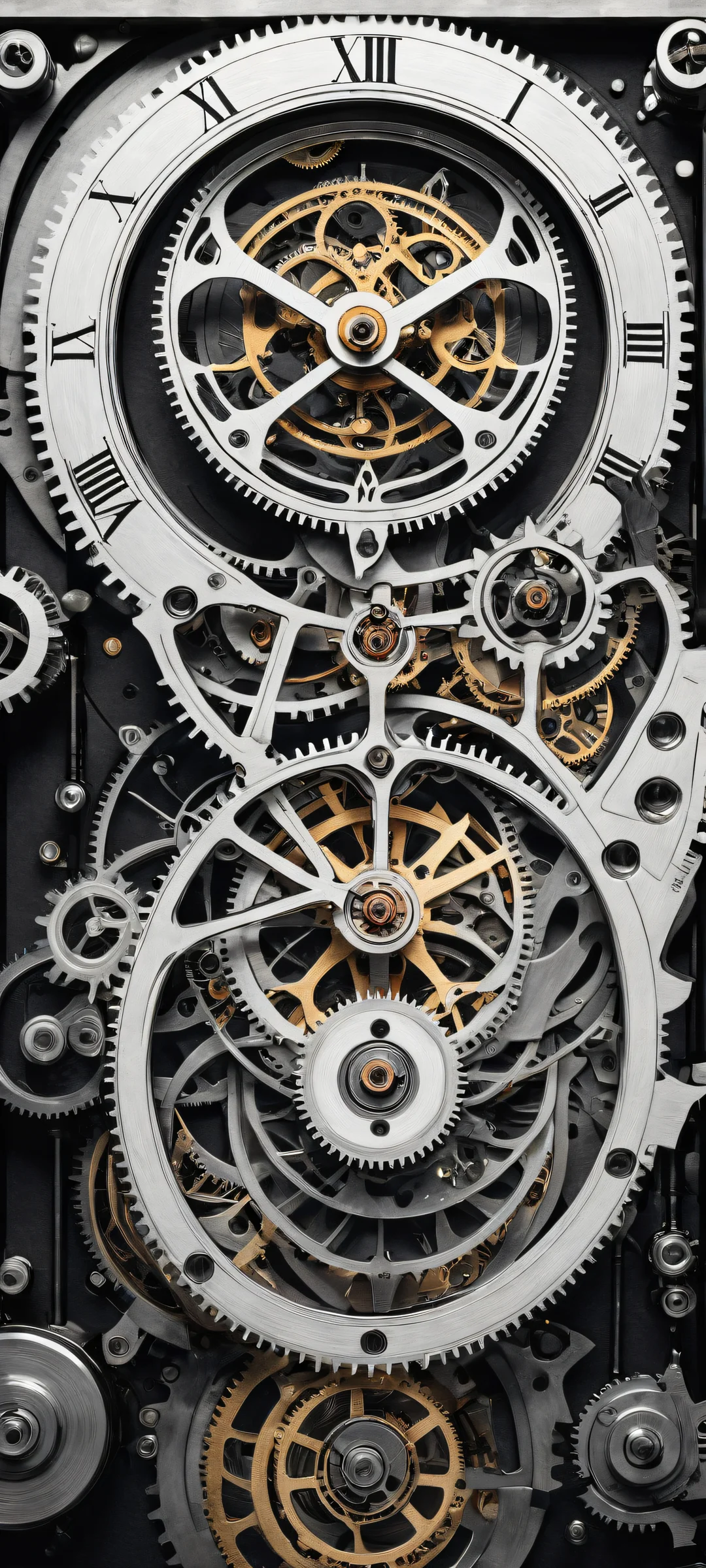 Stunning clockwork mechanism artwork on iPhone/Android phone. Perfect for home screens, featuring intricate micro-details and a sleek dark mode aesthetic.