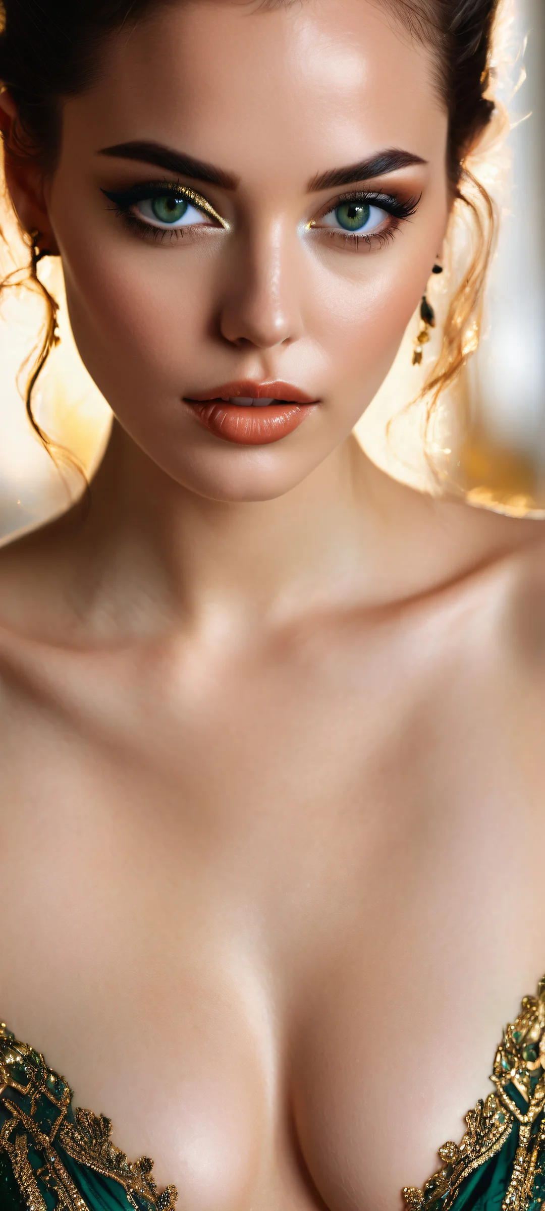 A stunning model's face with intricate details on her skin and clothing, set against a luxurious background. Perfectly optimized for iPhone and Android home screens.