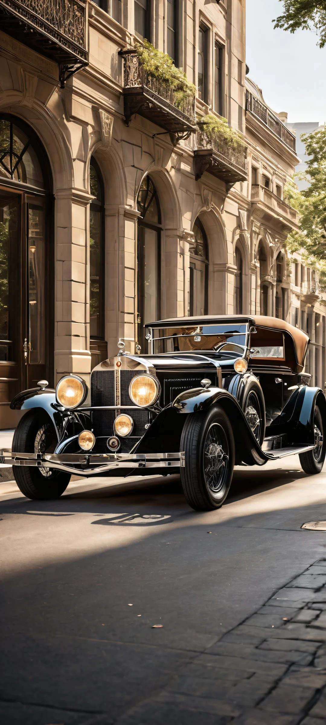 Luxury Motorcar Portrait QHD Smartphone Background A stunning digital artwork of a luxurious 1920s-inspired motorcar on an iPhone/Android device's home screen.