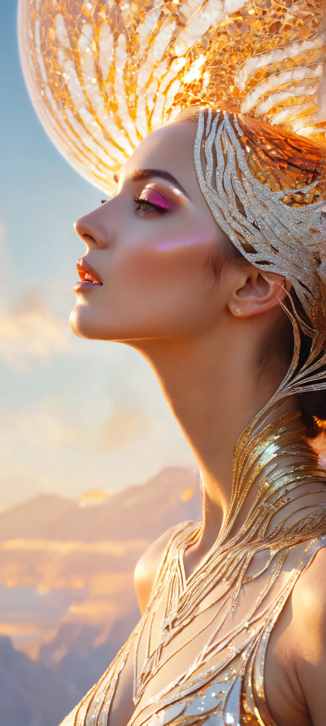 Breathtaking portrait of a prestigious woman surrounded by natural weather phenomenon and neon ethereal ozonous layers, perfect for iPhone/Android home screens.