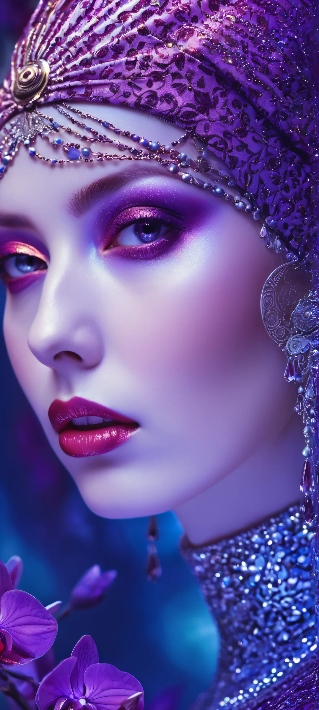 Ethereal Portrait 2K QHD Home Screen Ma1ma1helmes' illustrations on a pure void with vibrant colors and ray-traced reflections, perfect for iPhone/Android home screens.