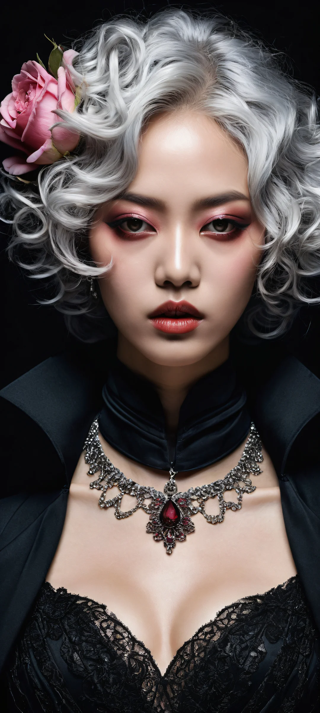 A moody portrait of a mad K-pop idol on iPhone/Android with insane micro-details and deep dark mode aesthetic.