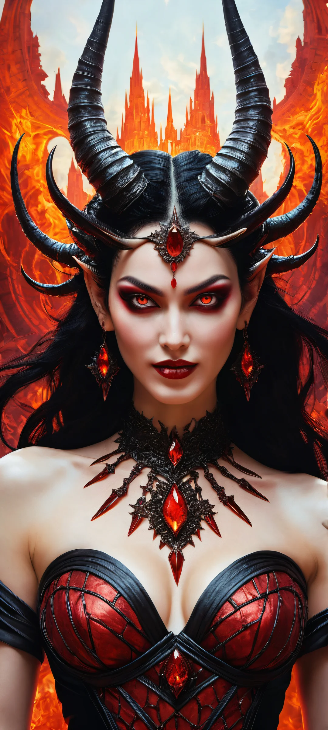 iPhone and Android users can set this breathtaking artwork of a horned queen as their home screen wallpaper. This masterpiece features intense colors, intricate details, and a sense of chaos.