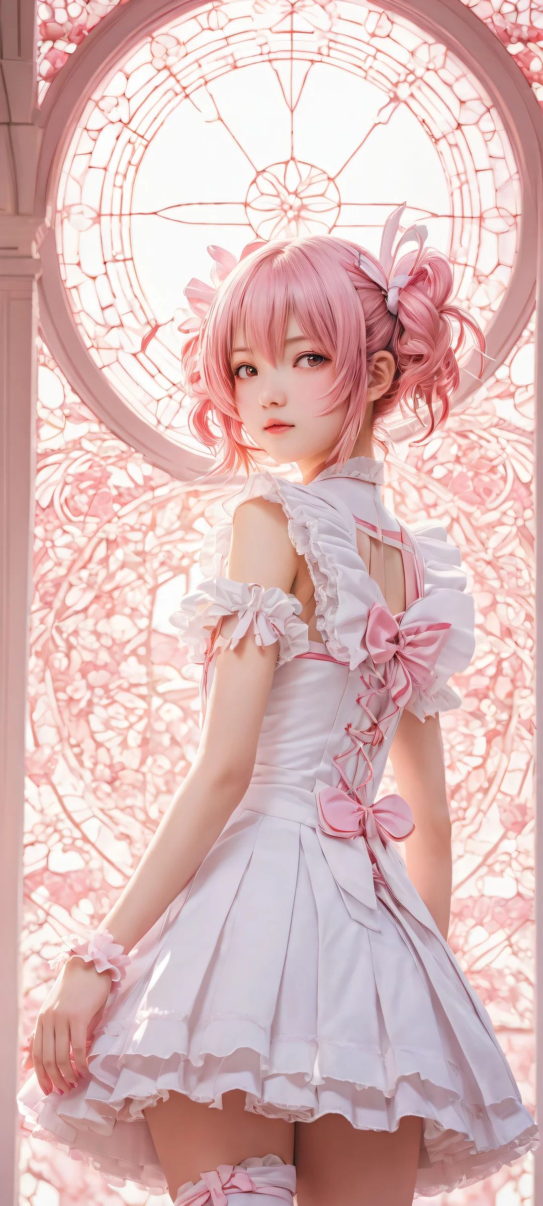 Kaname Madoka from Mahou Shoujo Madoka Magica on a pure void background, perfecto para pantallas de inicio de iPhone/Android. Award-winning digital art with radiant pink hues and ray-traced reflections.