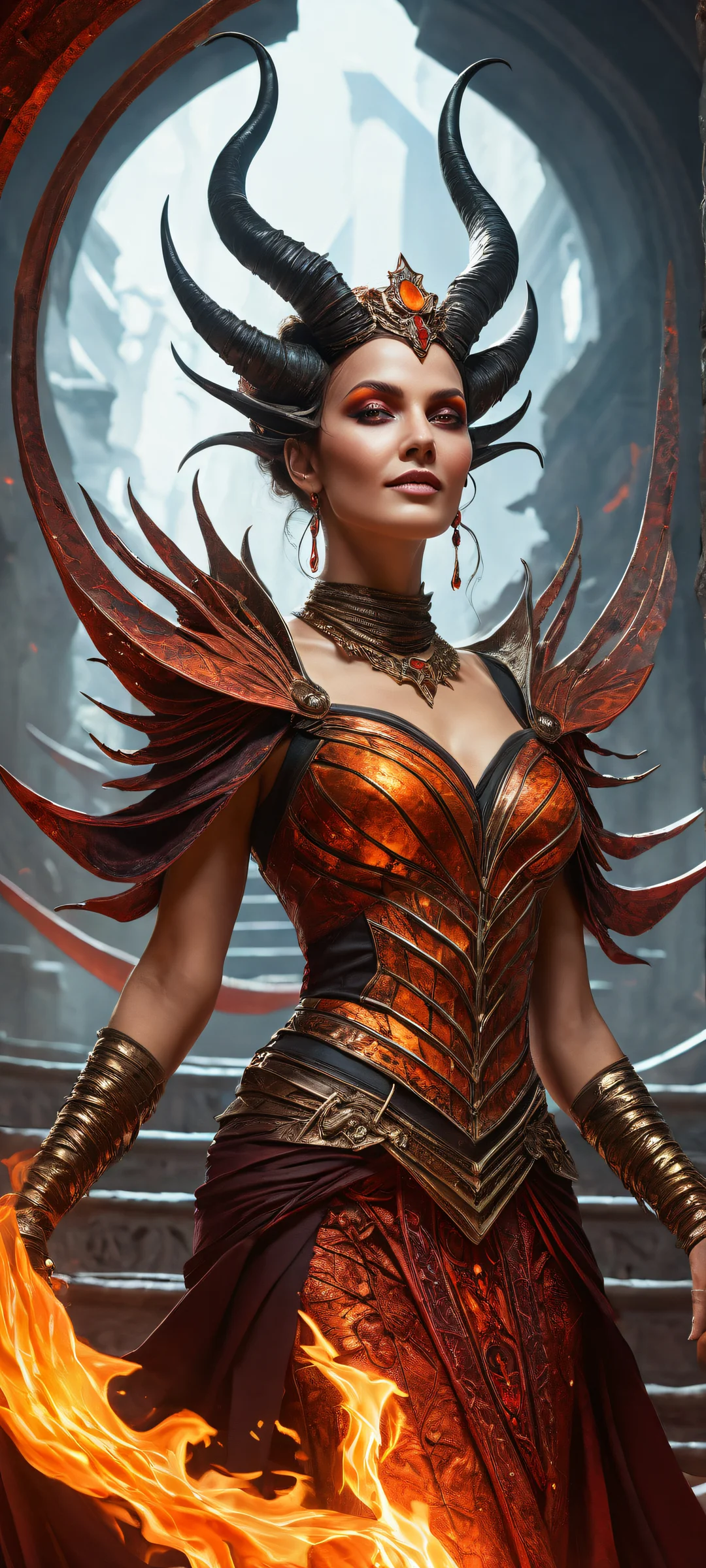 iPhone/Android wallpaper of a horned queen on an infinite spiral staircase amidst apocalyptic chaos.