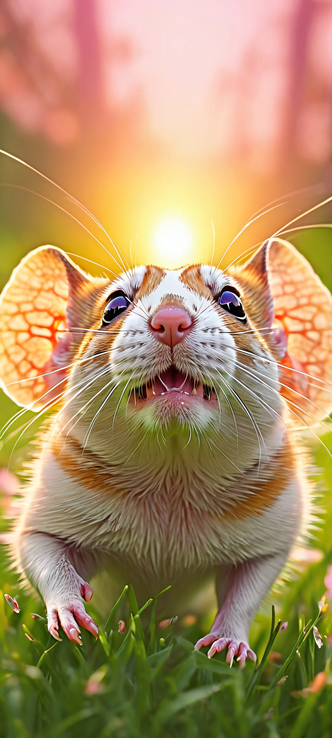 An iPhone/Android user's dream come true - a serene landscape of a dog's nose, complete with tiny mice in costume and fireflies dancing across the green meadow.