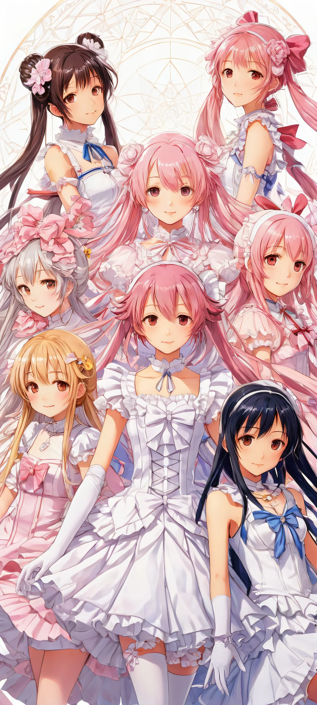A stunning portrait of Magical Girls Kaname Madoka and friends on an iPhone/Android, with intricate details and ethereal lighting.