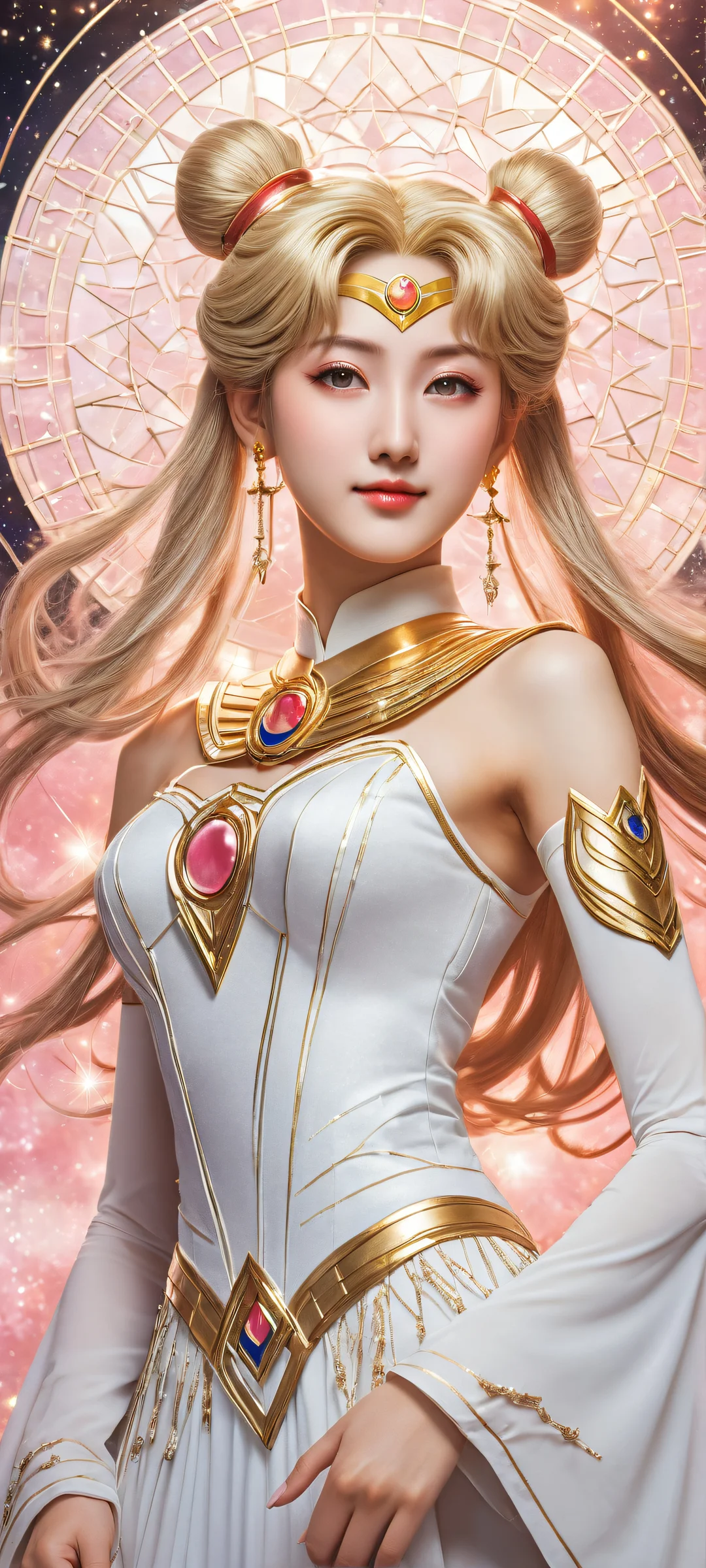 Breathtaking portrait of Tsukino Usagi from Sailor Moon, parfaitement optimisé pour les écrans d'accueil iPhone et Android. Enjoy her smiling face and sparkles on her dress in this 16:9 aspect ratio artwork.