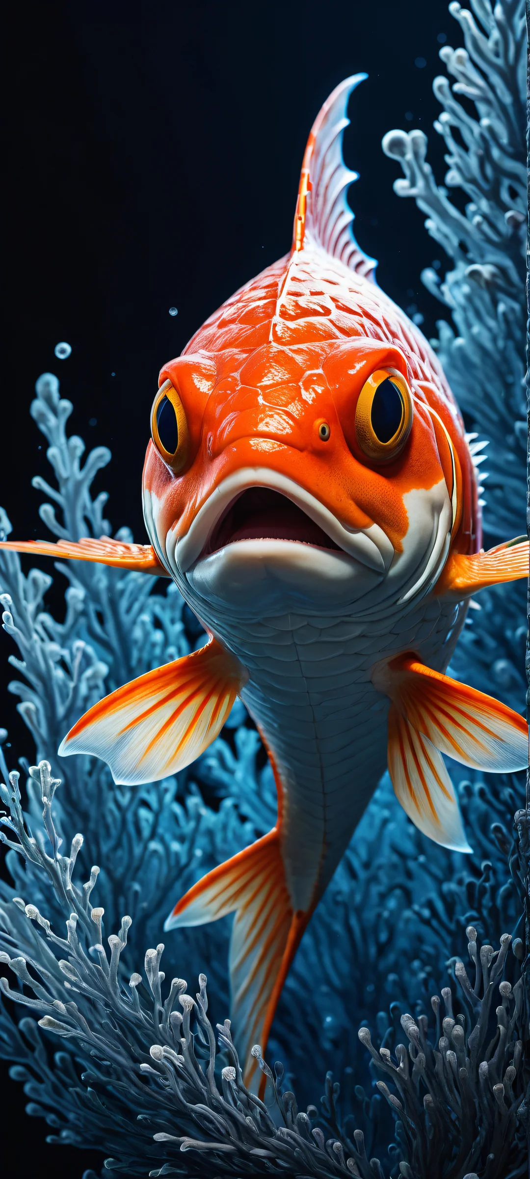 A stunning vertical portrait of Magikarp against a vast pure void, perfectly optimized for iPhone/Android home screens.