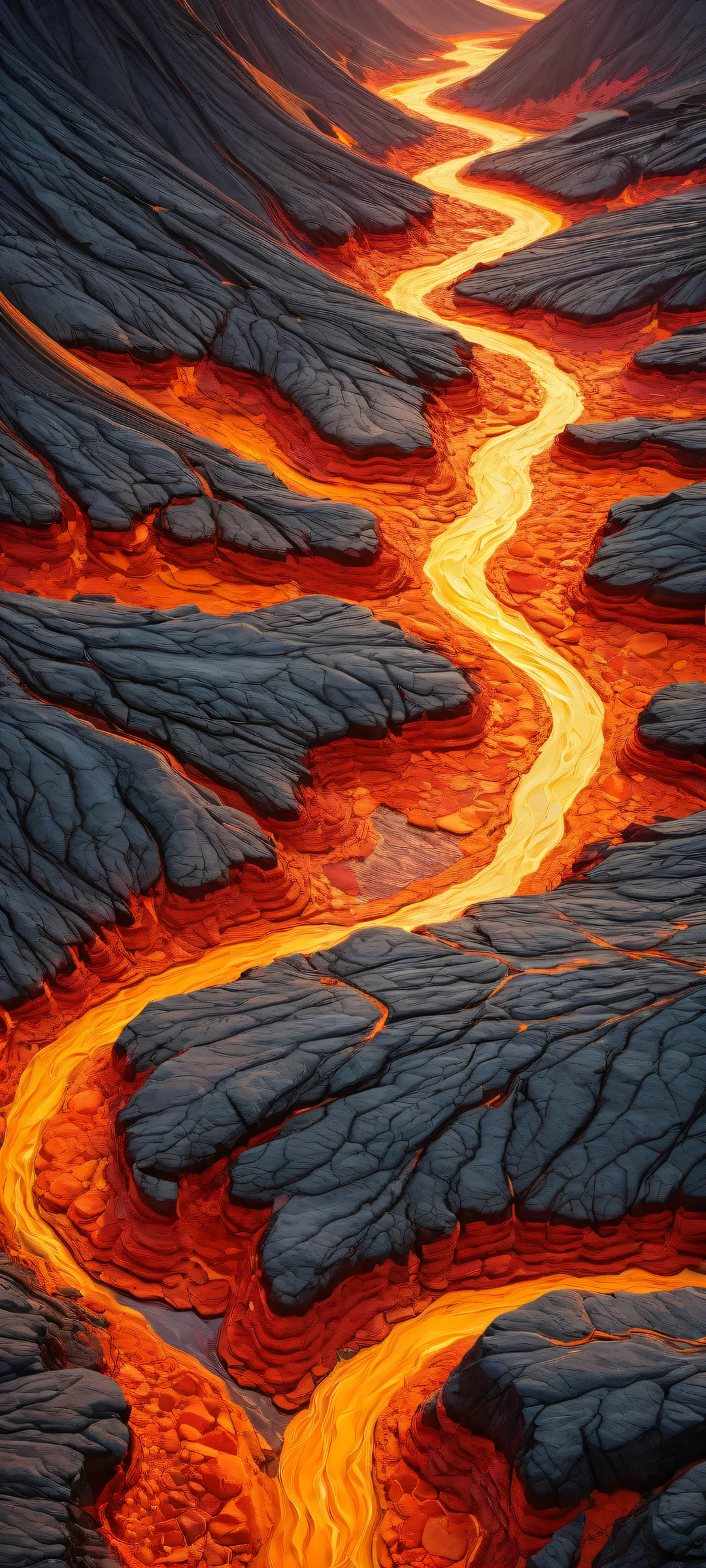 iPhone and Android phone wallpaper featuring a stunning vertical portrait artwork of Magma Rivers with vibrant green foliage, radiant reflections, and ethereal lighting.