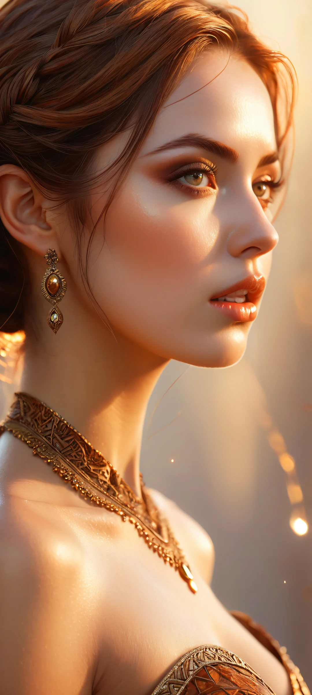 Maiden of the Mystic Horn QHD Phone BackgroundiPhone/Androidのホーム画面に完全に最適化 Enchanting portrait of a mystical maiden with intricate horn design and flowing brown hair, perfectly optimized for iPhone/Android home screens.