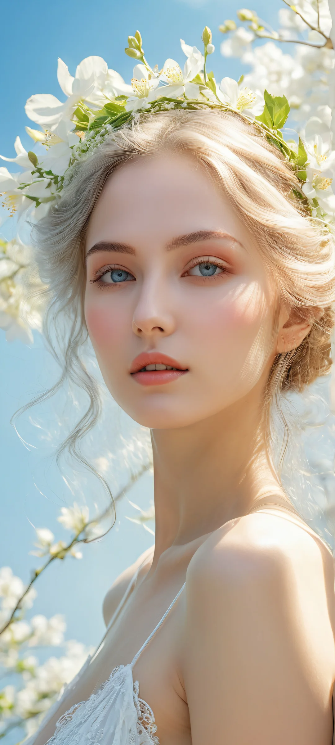 iPhone/Android mobile wallpaper of a stunning maiden gazing at the viewer, surrounded by serene scenery and ethereal lighting.