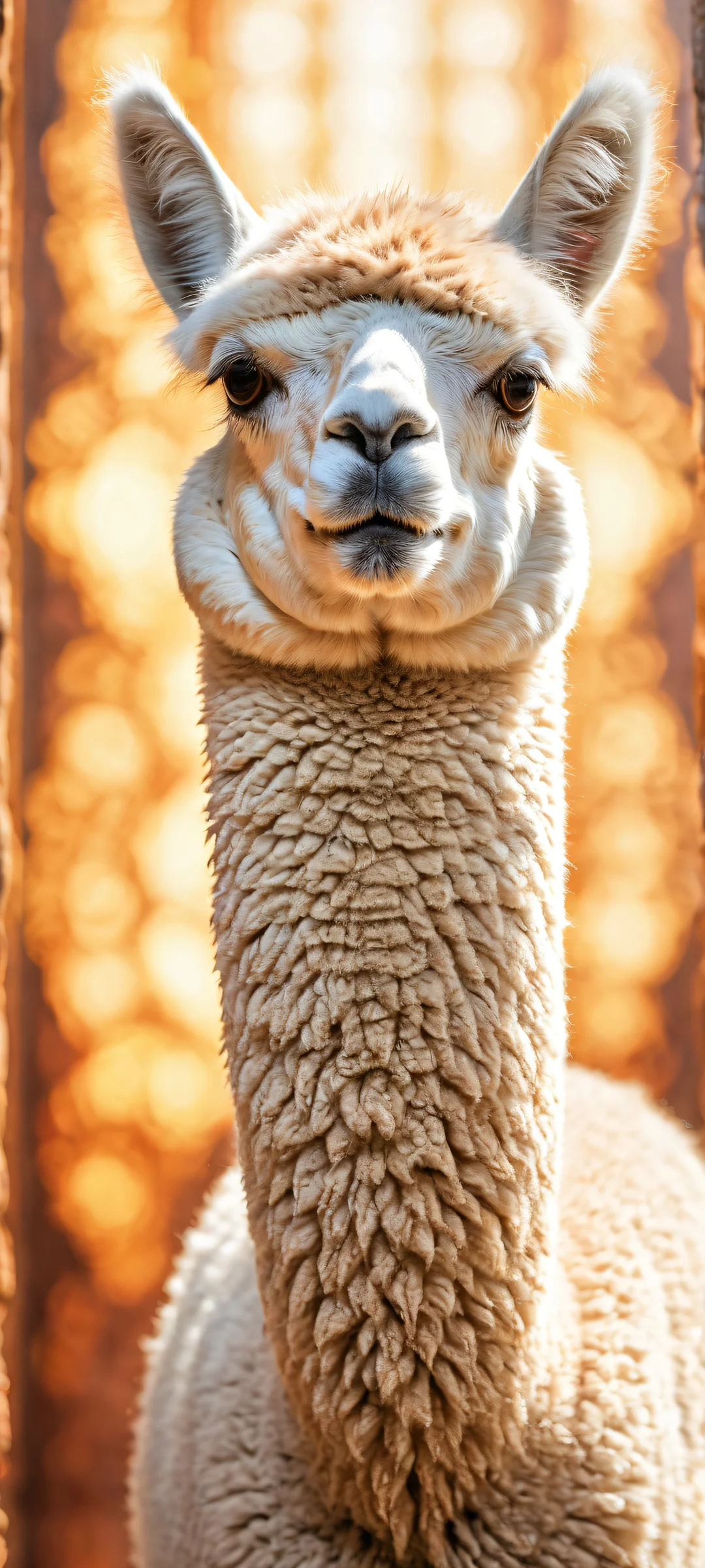 A majestic alpaca placed in the lower-middle with insane intricate micro-details, perfectly clean and empty top half with vast pure void, iPhone/Android compatible wallpaper