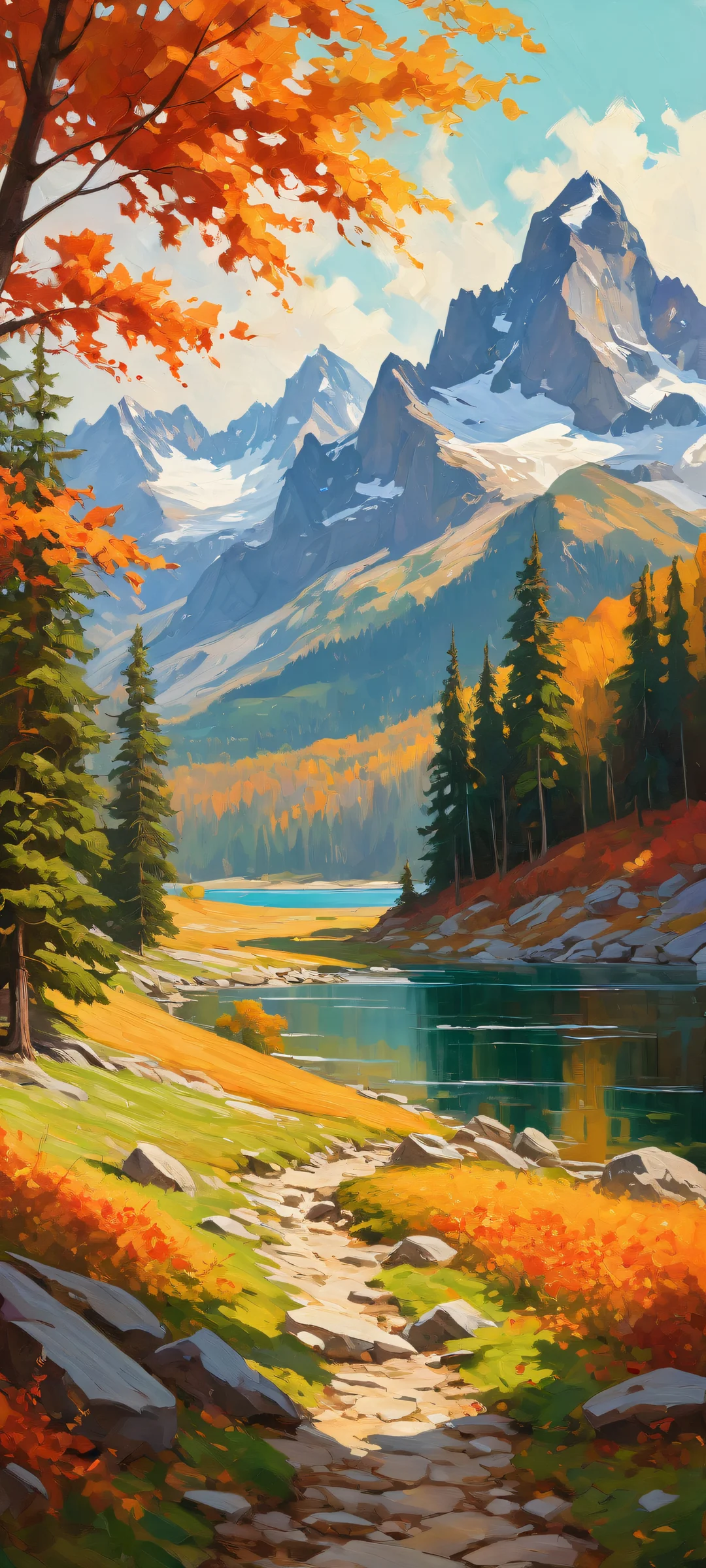 Majestic Alpine Valley 2K QHD Mobile Wallpaper iPhone and Android compatible portrait of a breathtaking alpine valley with micro-details, heavy impasto texture, and ethereal lighting.