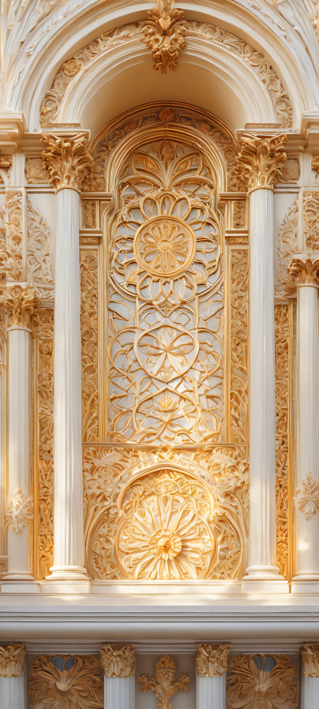 Stately architecture with intricate carvings on iPhone/Android, featuring ethereal lighting and brilliant colors.