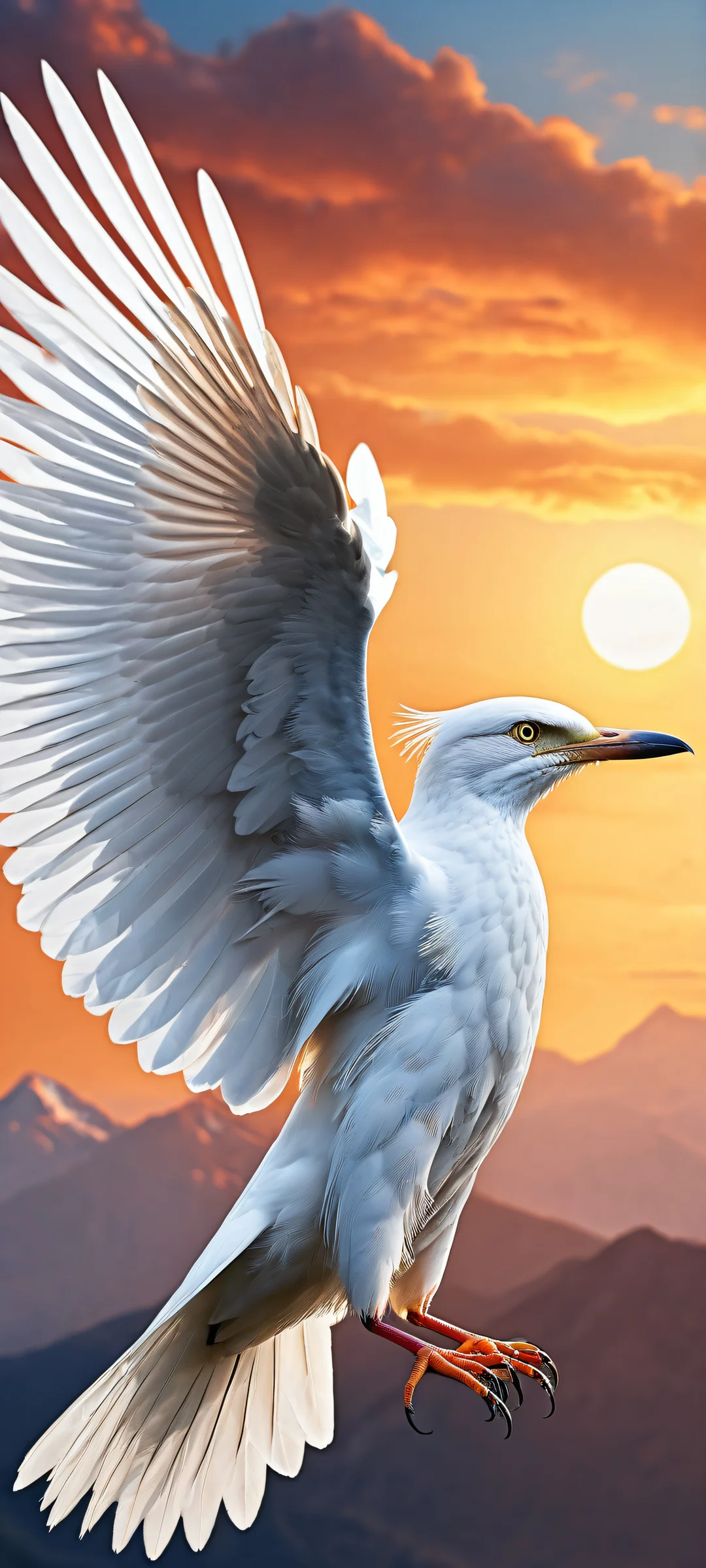 Ethereal landscape of a majestic bird perched on the edge of a vast, serene sunset. Perfectly optimized for iPhone and Android home screens.