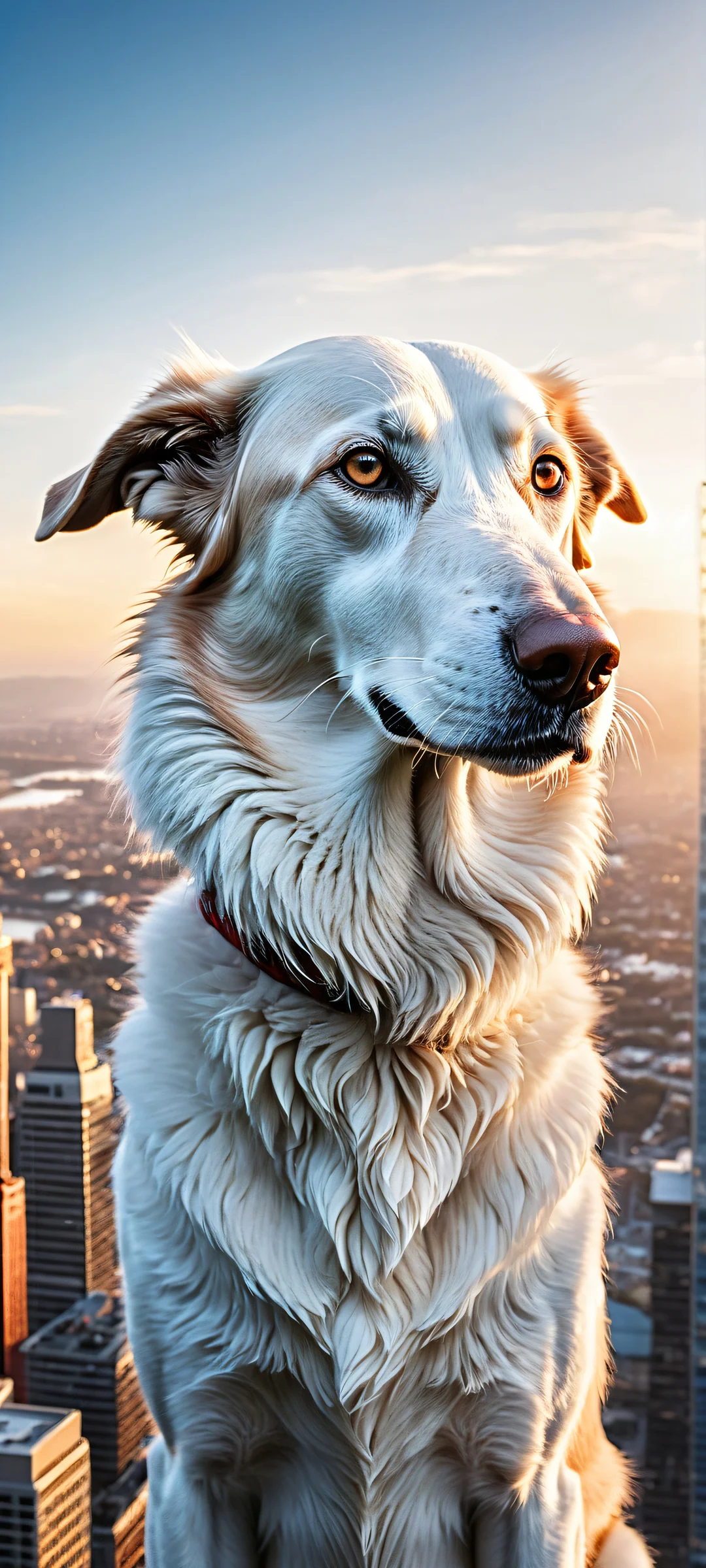 A majestic Borzoi hound's head forms the top of a skyscraper, surrounded by a futuristic cityscape. Perfectly optimized for iPhone, Samsung Galaxy, and Android home screens.