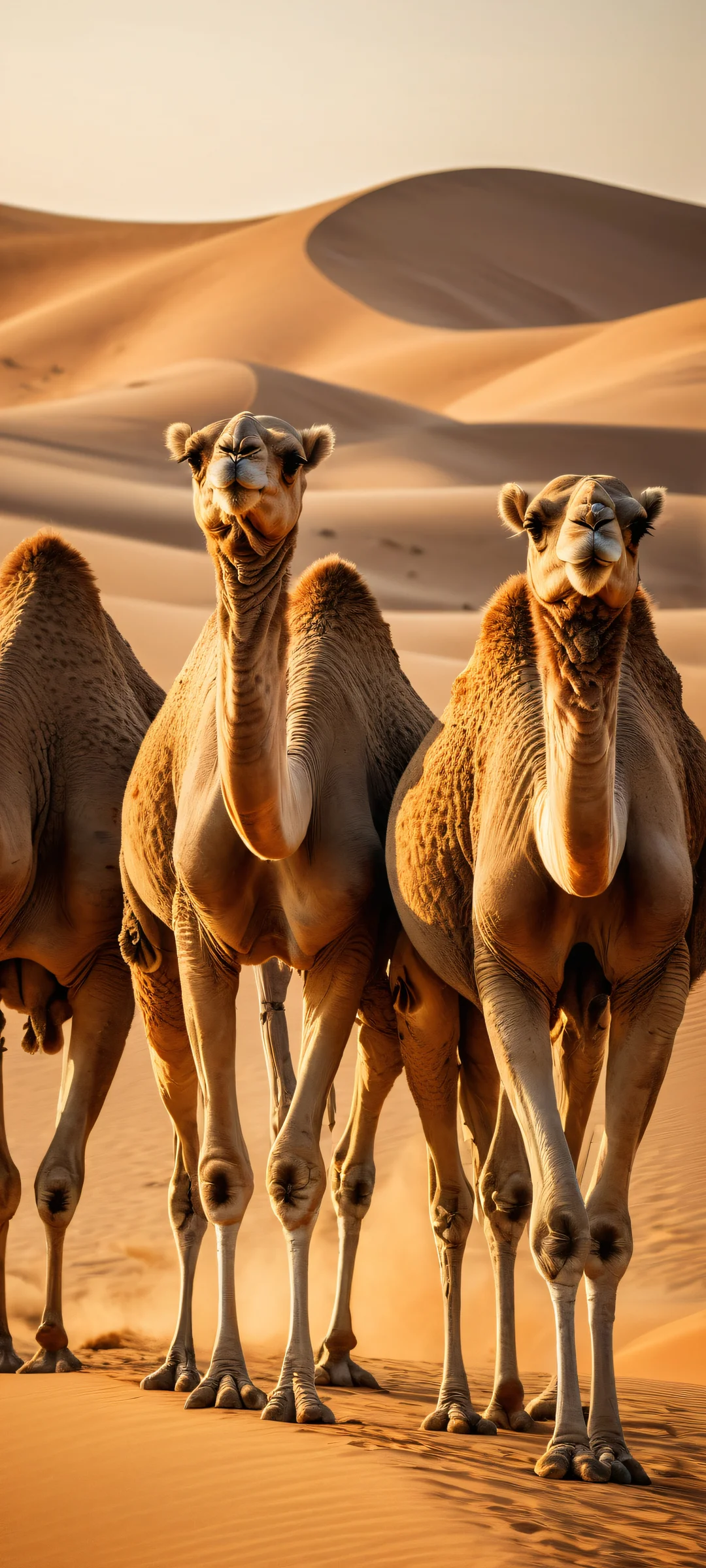 A majestic camel portrait against a serene clear sky on iPhone/Android. Award-winning digital art with intricate details and warm sunlight.