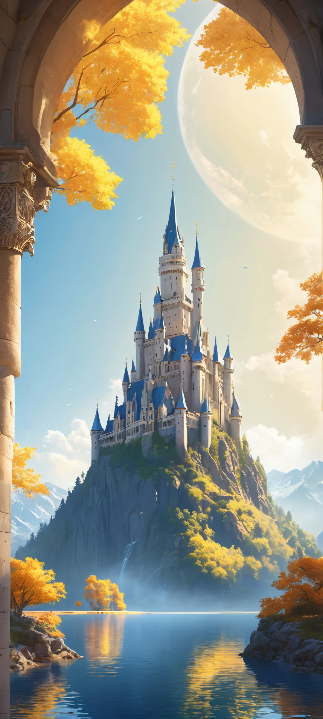 A majestic iPhone/Android wallpaper featuring an ancient castle with intricate details and a serene landscape in the background, perfecto para tu pantalla de inicio.