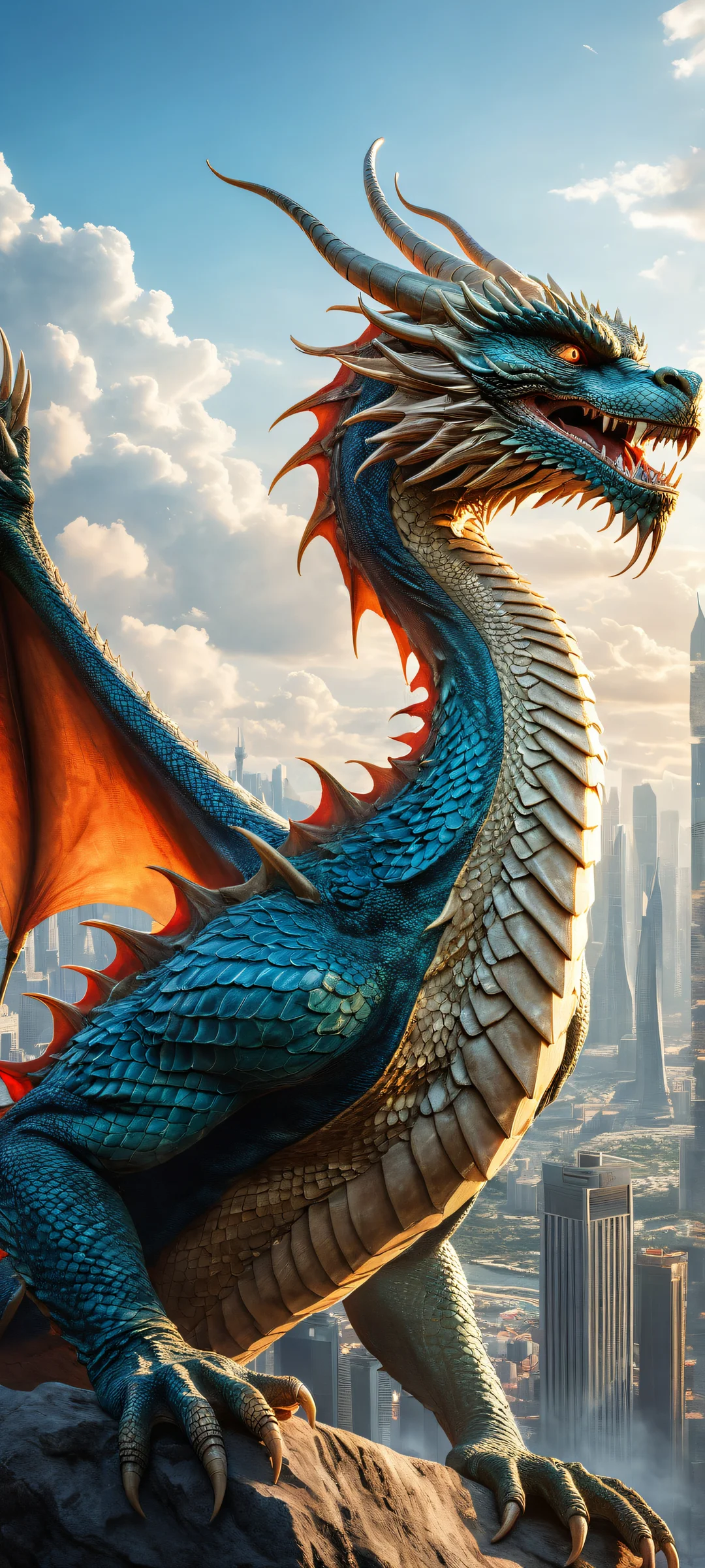 A majestic Chinese dragon in a serene cityscape on an iPhone/Android home screen, with intricate micro-details and ethereal lighting.