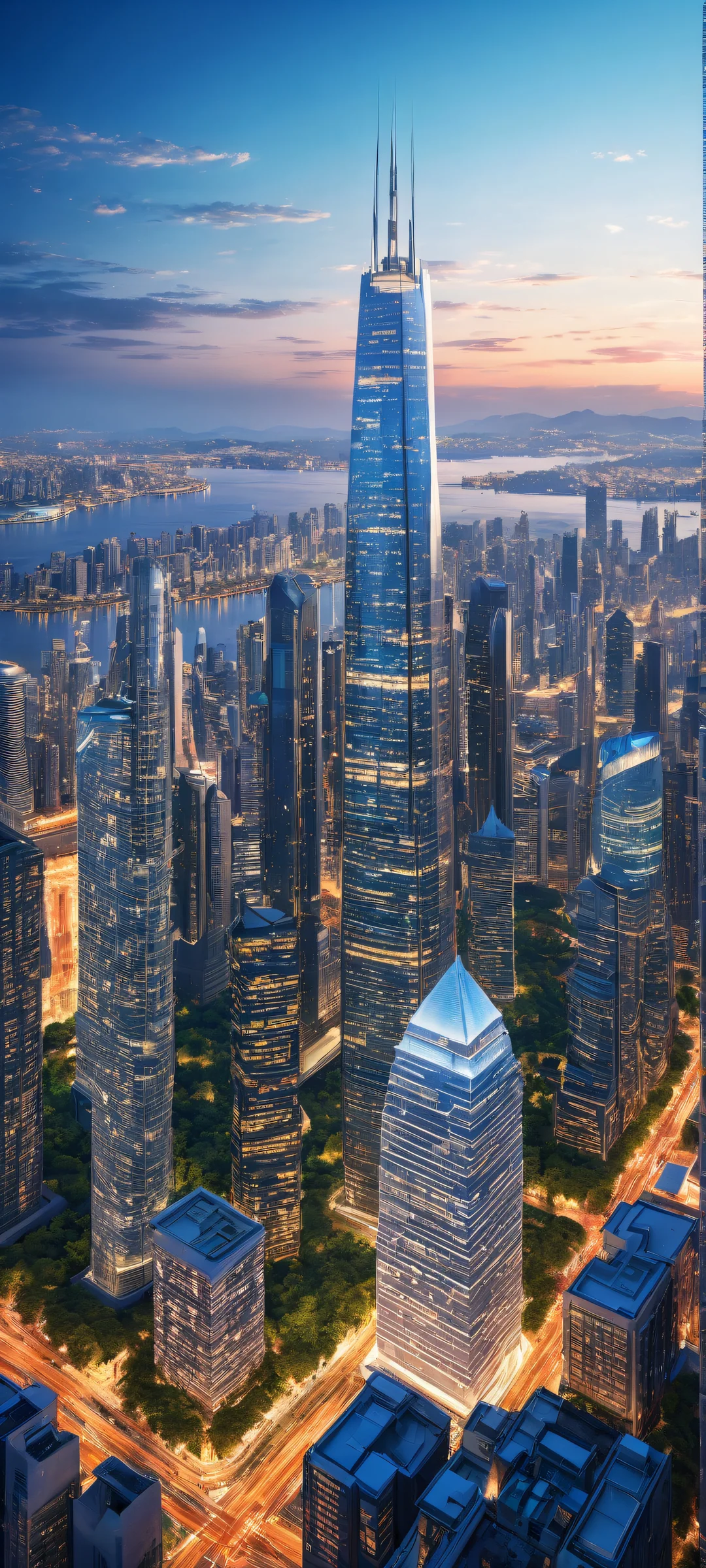 A stunning cityscape artwork for iPhone and Android, featuring intricate architecture and lush greenery, with ethereal lighting and brilliant colors.