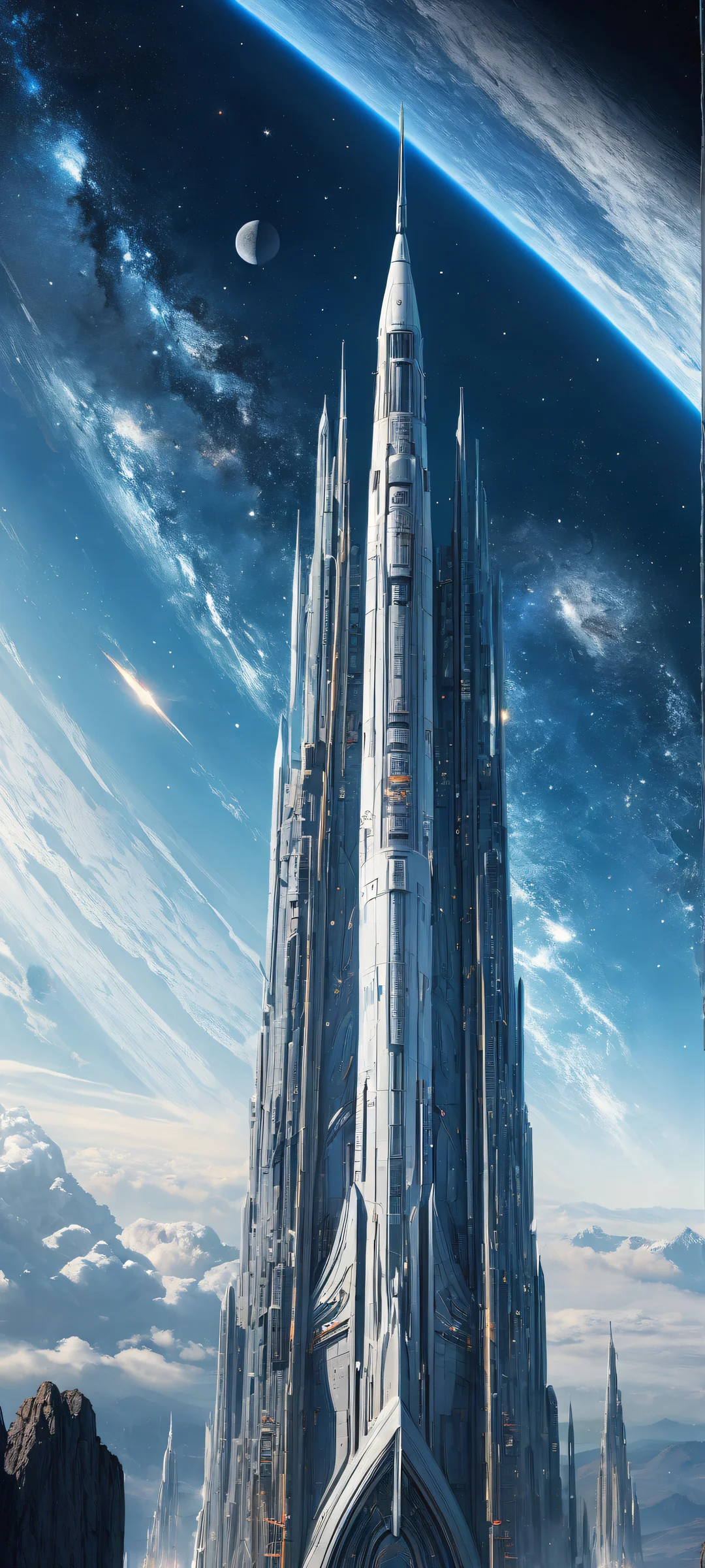 A majestic spaceship on a celestial background with intricate details and stunning metallic textures, perfectly optimized for iPhone/Android home screens.