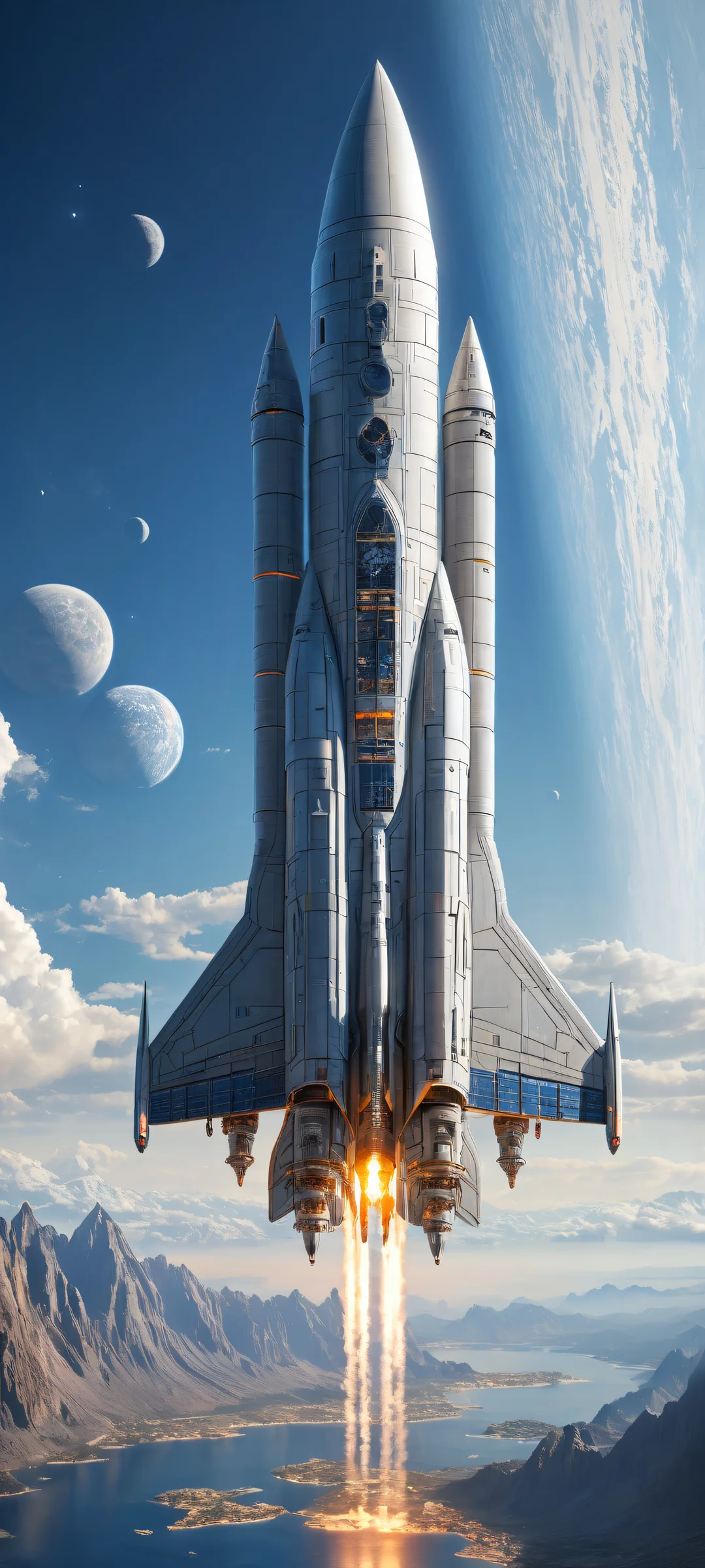 Majestic Cosmic Odyssey 2K QHD Home Screenperfekt optimiert für iPhone- und Android-Startbildschirme iPhone/Android Wallpaper: A breathtaking vertical portrait of a majestic spaceship in the lower-middle with intricate details, perfectly optimized for iPhone and Android home screens.