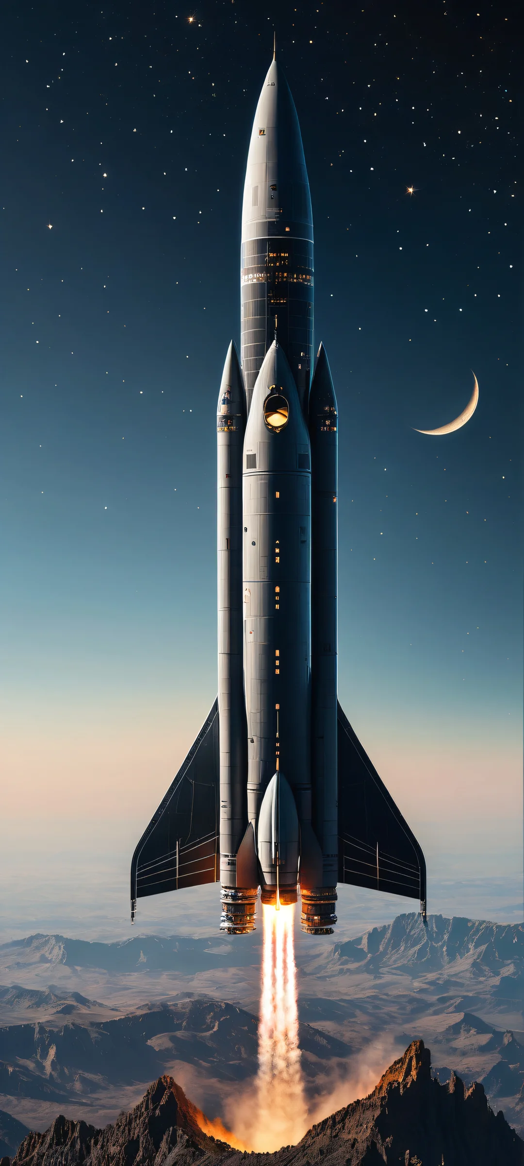 A majestic spaceship glowing softly amidst a sea of stars, iPhone と Android のホーム画面に完全に最適化.