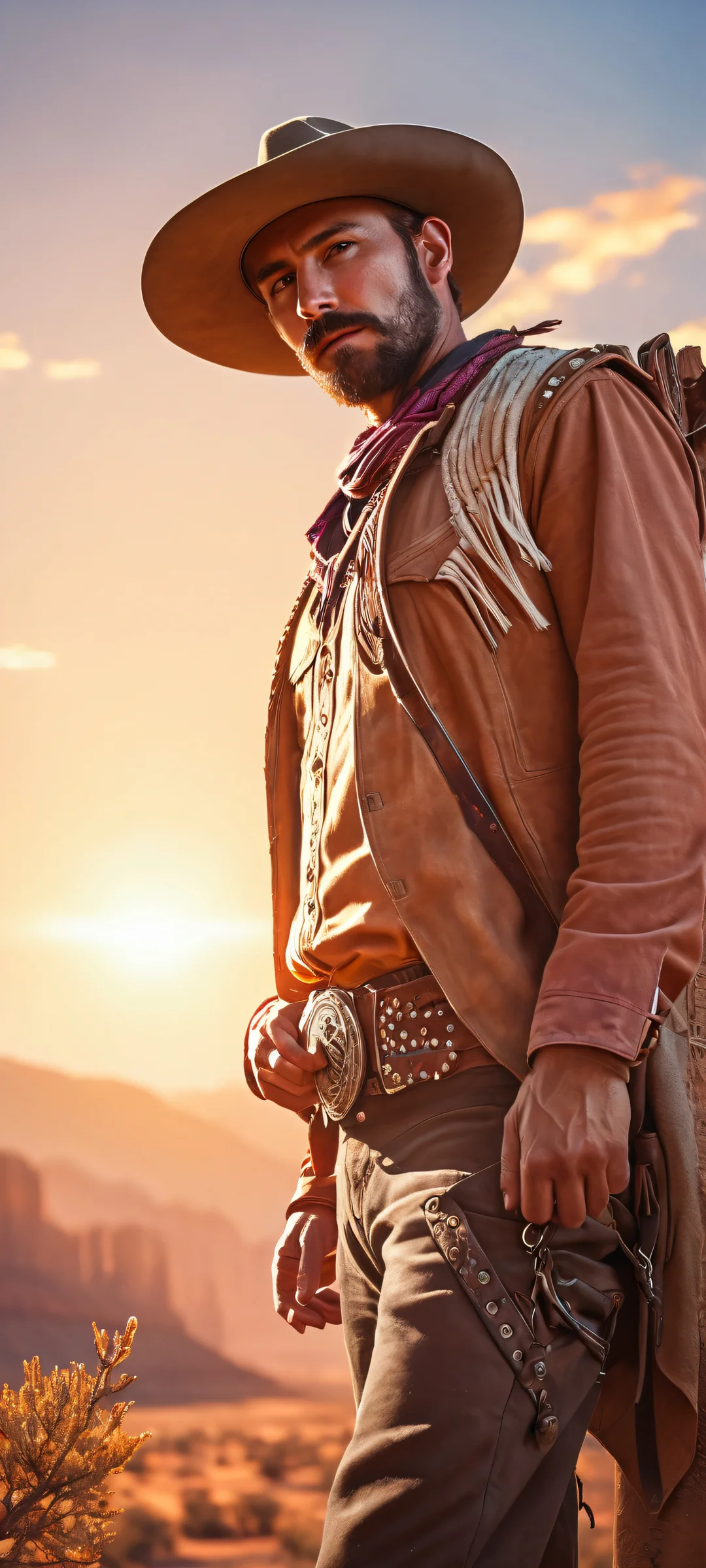 A majestic cowboy and his horse set against a breathtaking sunrise landscape. Perfect for iPhone/Android home screens.