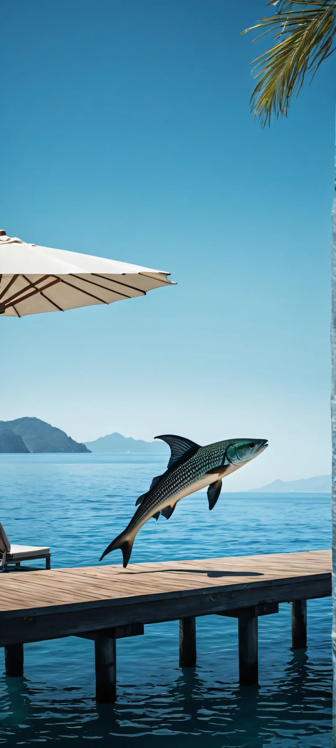 A majestic fish swims in the lower-middle of a serene ocean scene with a dock and parasol. Perfect for iPhone/Android home screens.