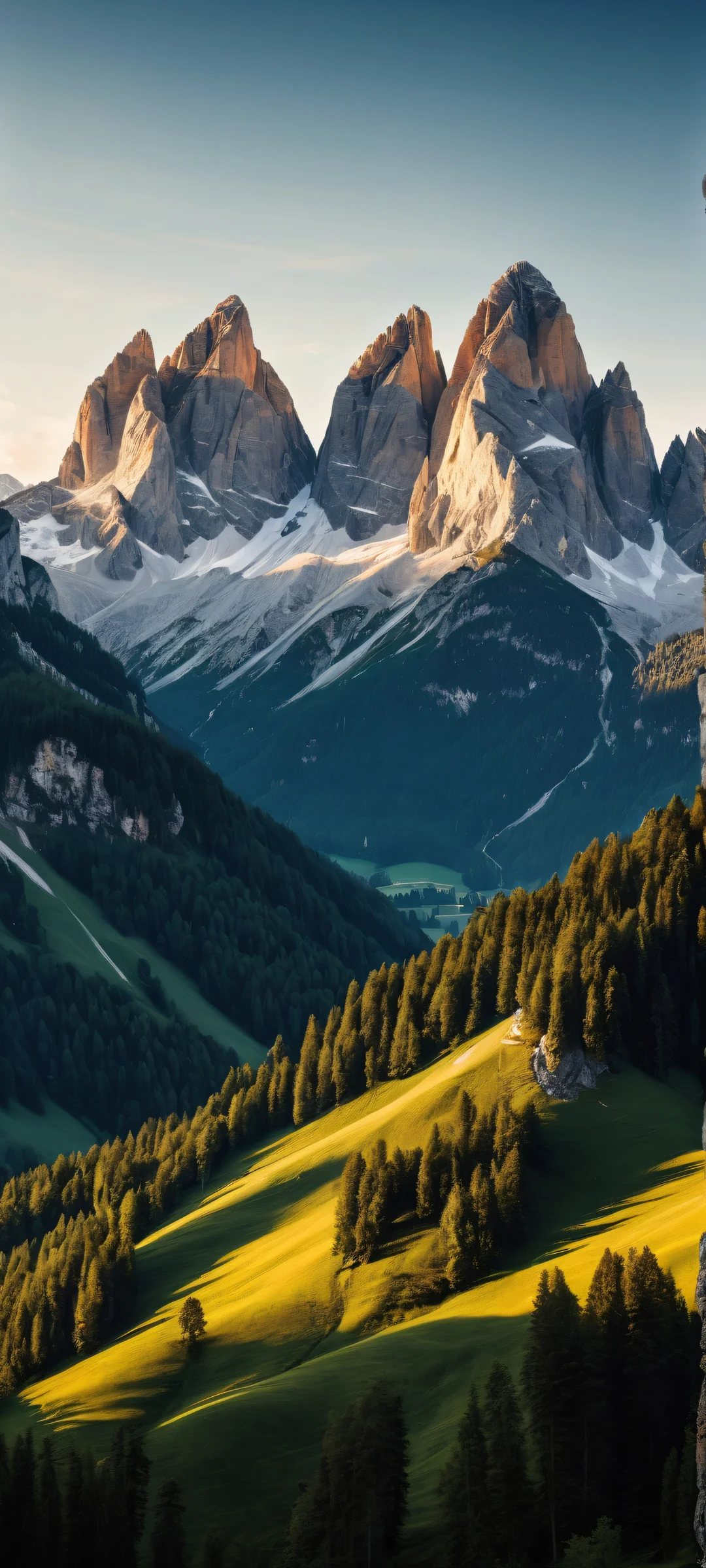 A serene mountain landscape with a majestic Dolomite range in the lower middle, featuring intricate micro-details and perfect for iPhone/Android home screens.