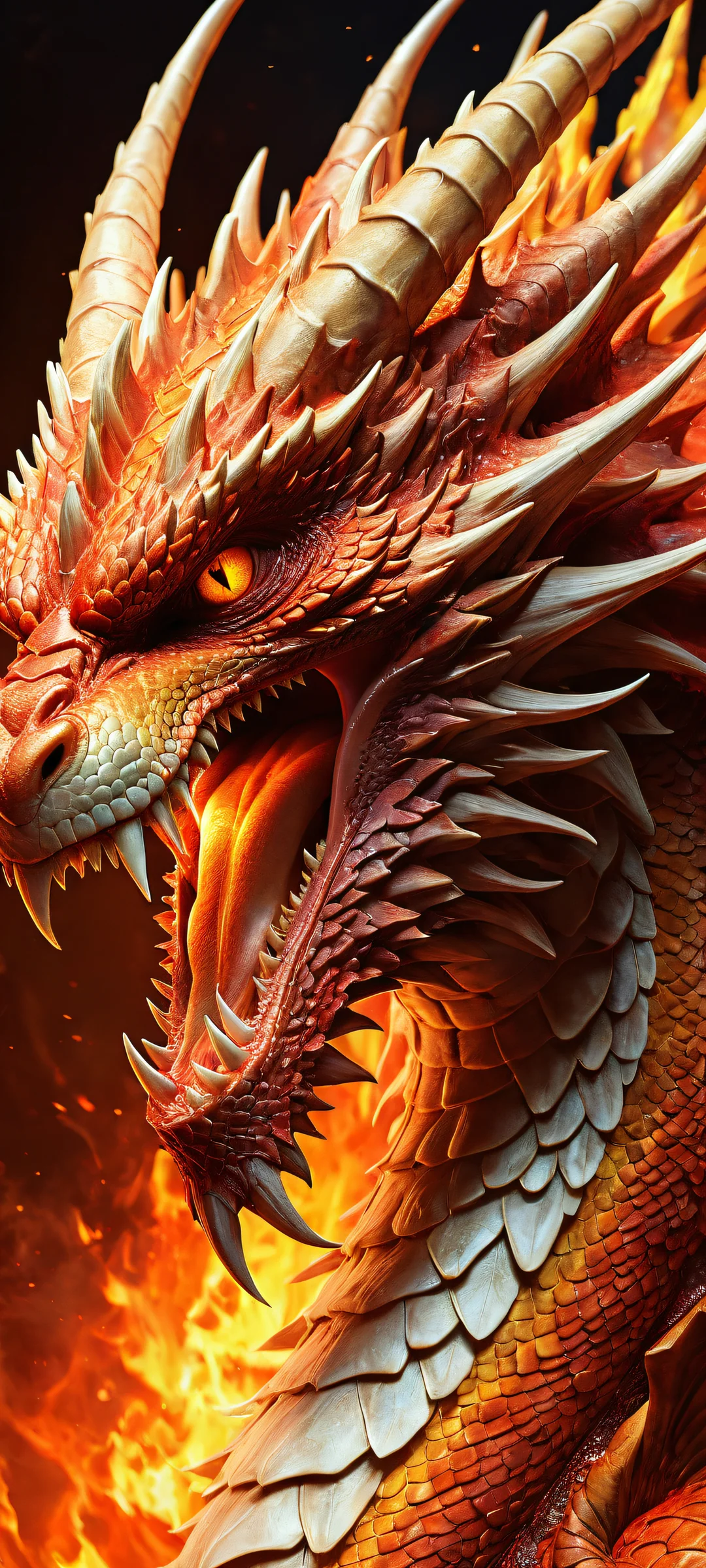 A majestic dragon's head on iPhone/Android with intricate scales and fiery breath, perfectly optimized for home screens.