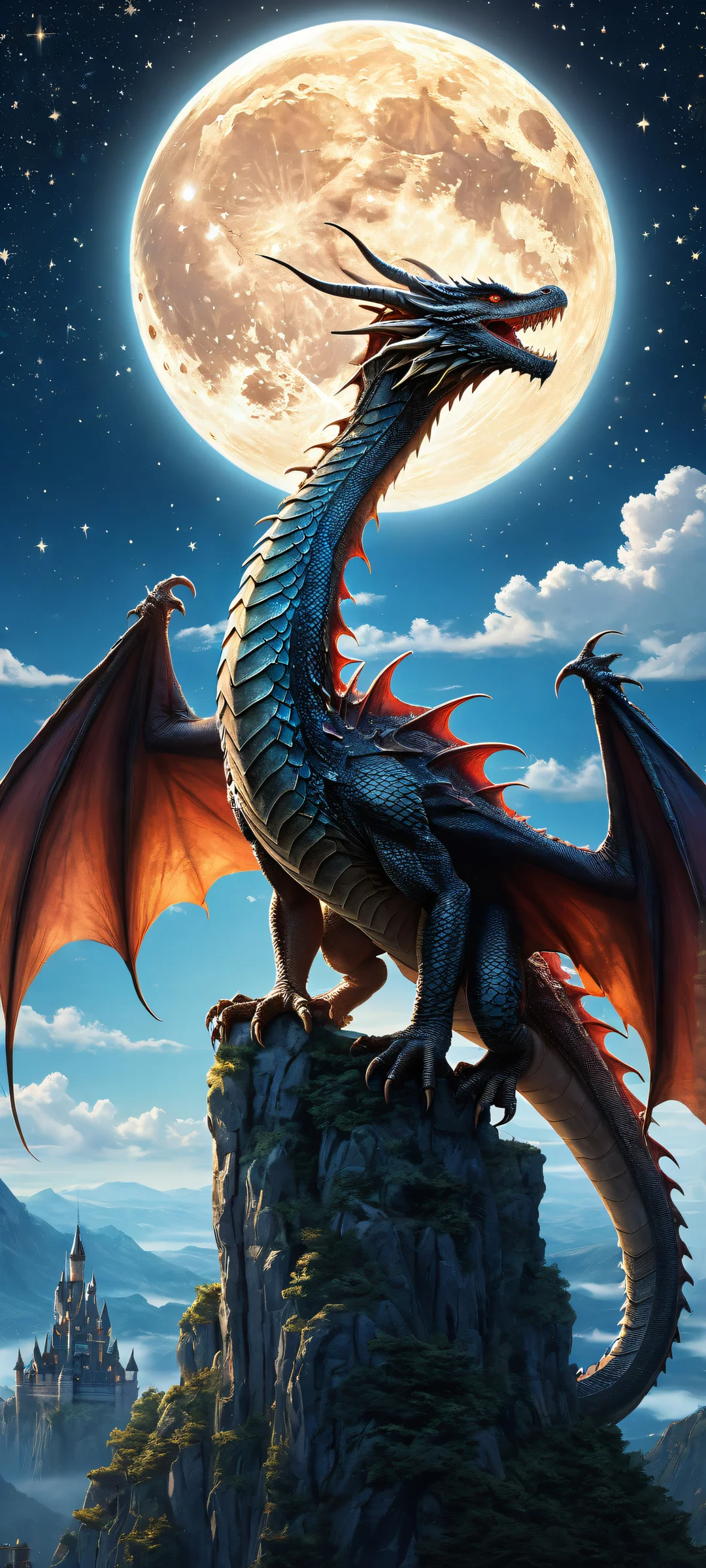 A majestic dragon soaring through the night sky on an iPhone/Android home screen, with intricate scales and wispy clouds drifting by.