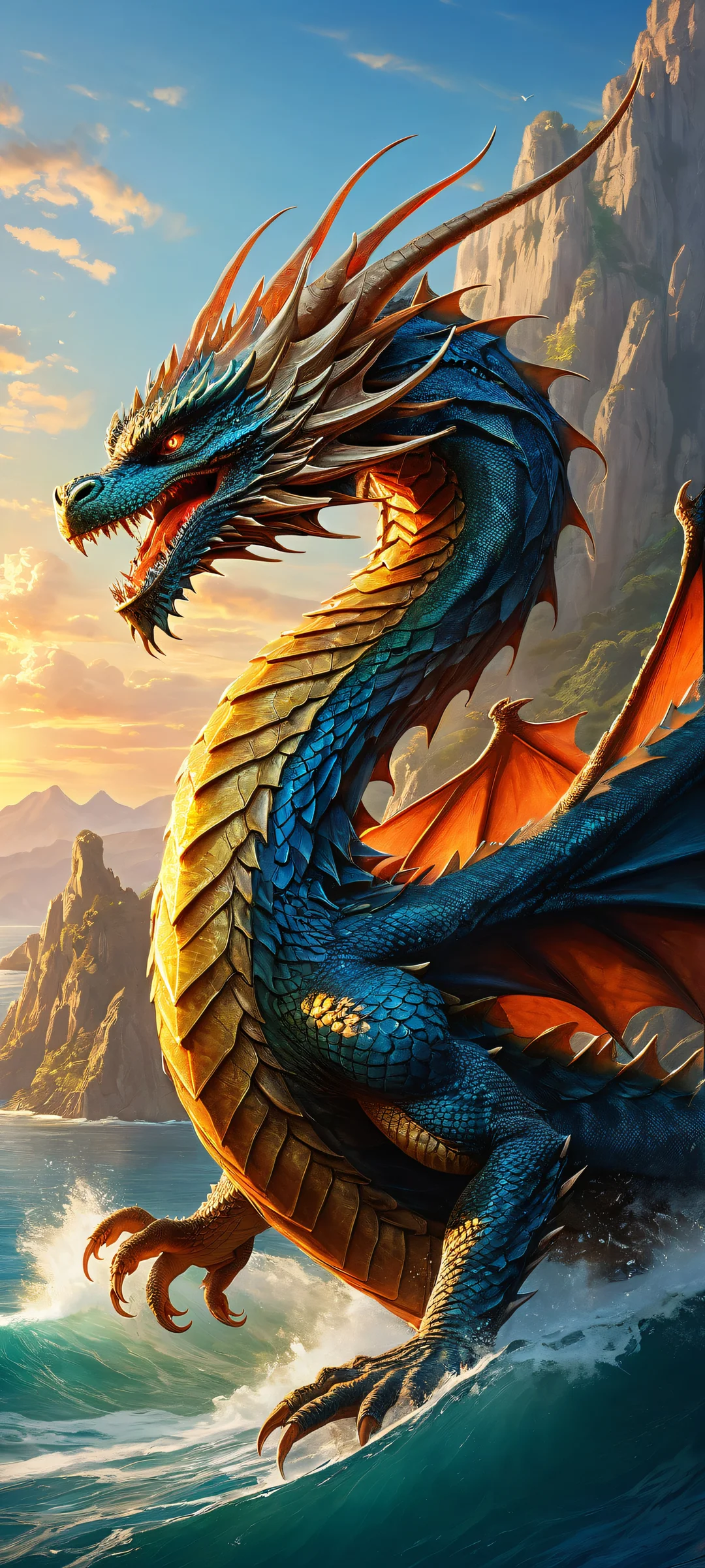 A majestic dragon in the lower-middle with intricate micro-details on a vast pure void background featuring a breathtaking sunset scene with distant mountains and waters, perfeitamente otimizado para telas iniciais de iPhone/Android.