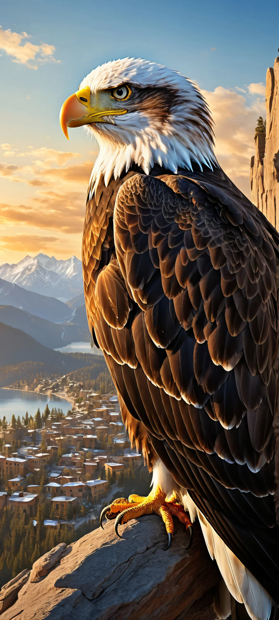 A majestic eagle perched in a serene mountain town scene on an iPhone/Android home screen.