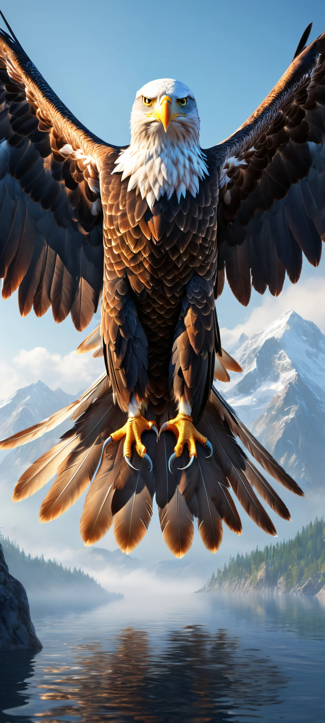 A majestic eagle perched on misty mountains with iPhone/Android in the background.