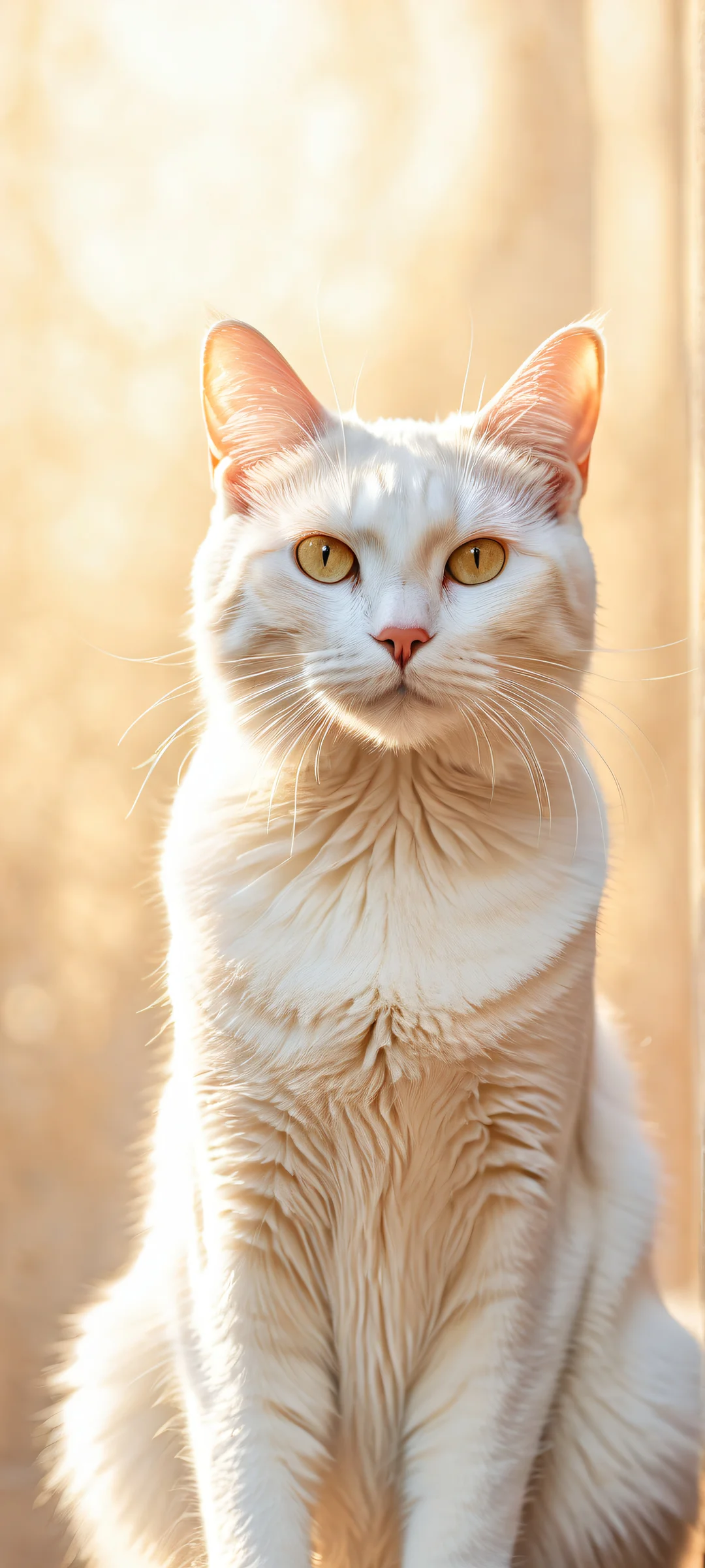 A majestic short-furred cat on a warm beige background with detailed whiskers and ear structures. Perfeito para telas iniciais de iPhone/Android.