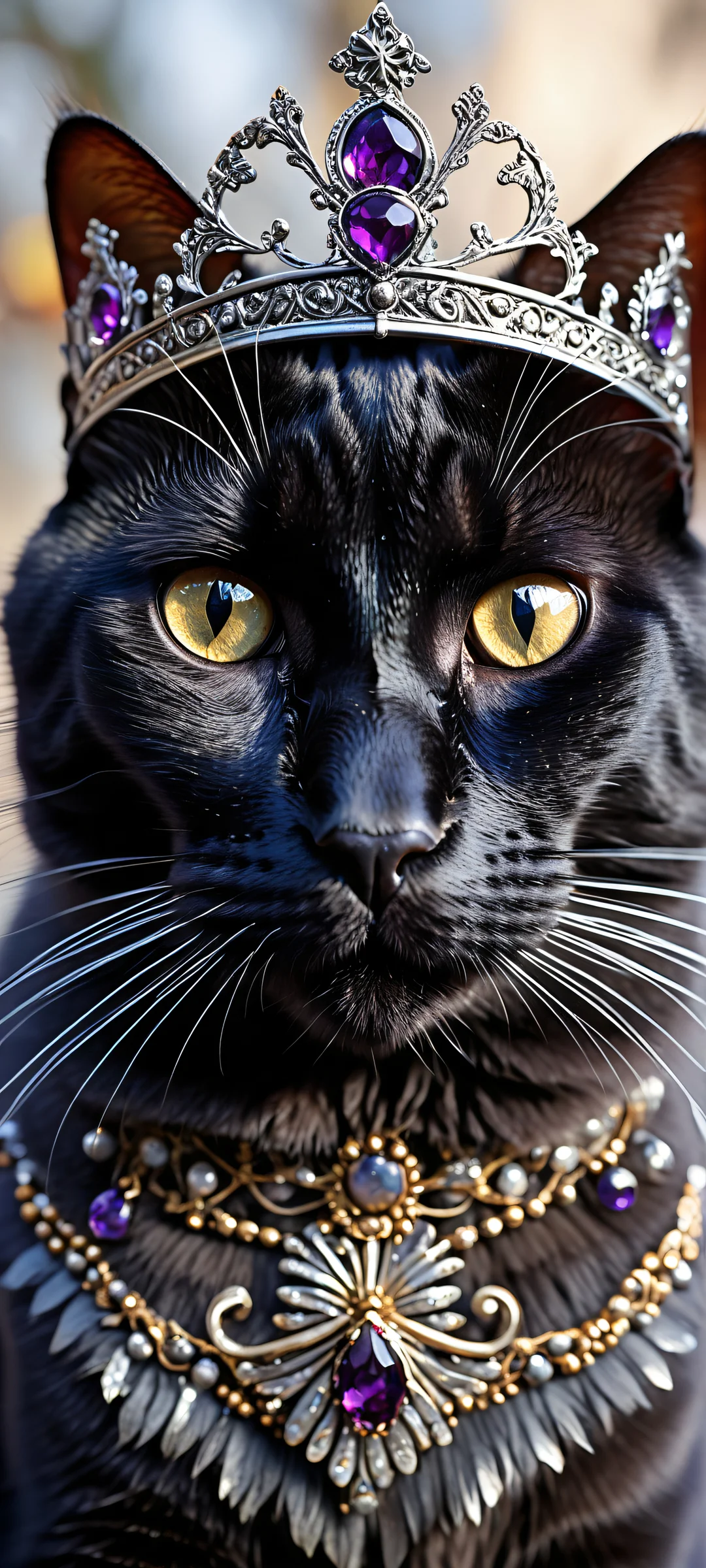 A regal black cat proudly wearing a king's crown on an empty void background, Perfectamente optimizado para pantallas de inicio de iPhone y Android..