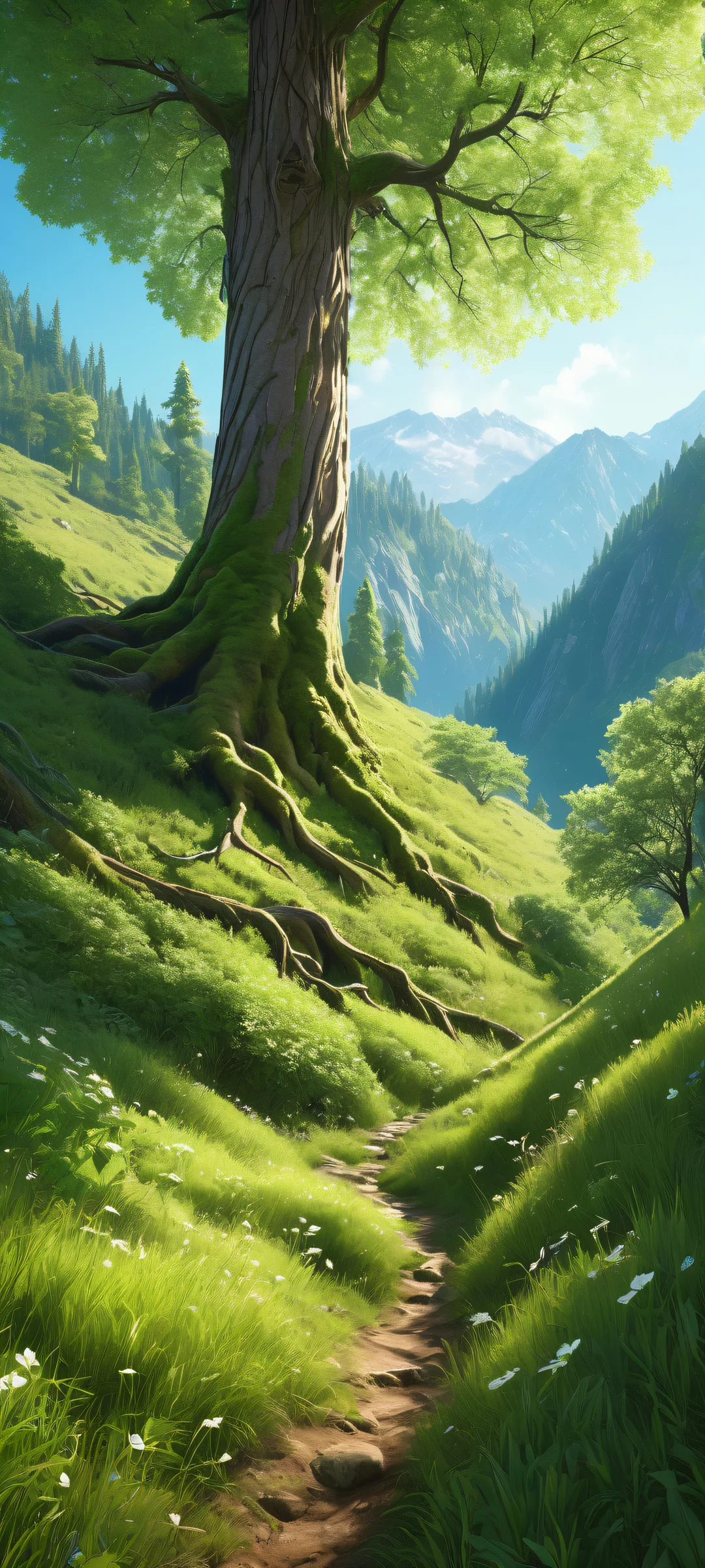 A serene forest landscape with vibrant foliage on iPhone/Android, perfect for home screen backgrounds.