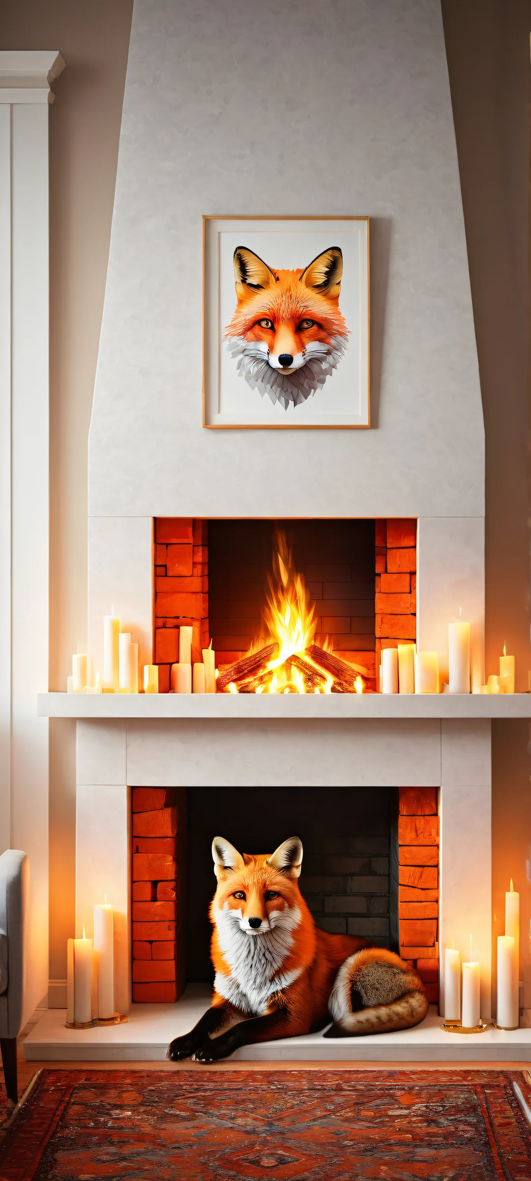 A majestic fox sits by a cozy fireplace with Minecraft's vibrant 3D blocks, perfectly suited for iPhone and Android screens.