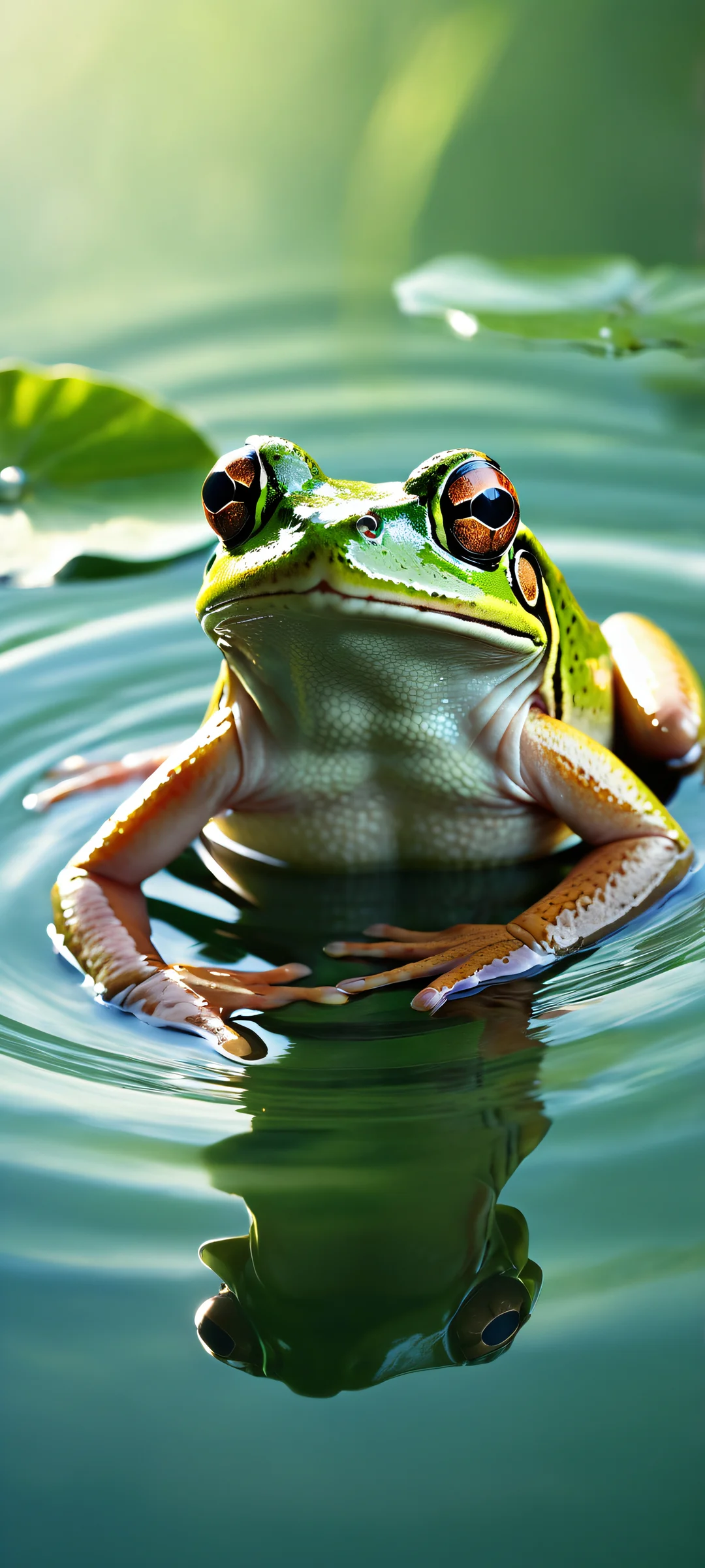 A majestic frog emerging from calm water on iPhone or Android home screen.