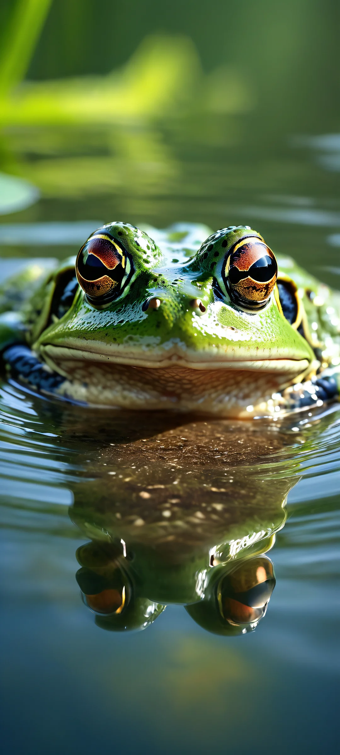 A majestic frog emerges from dark water on iPhone and Android devices. Perfectly optimized for home screens.